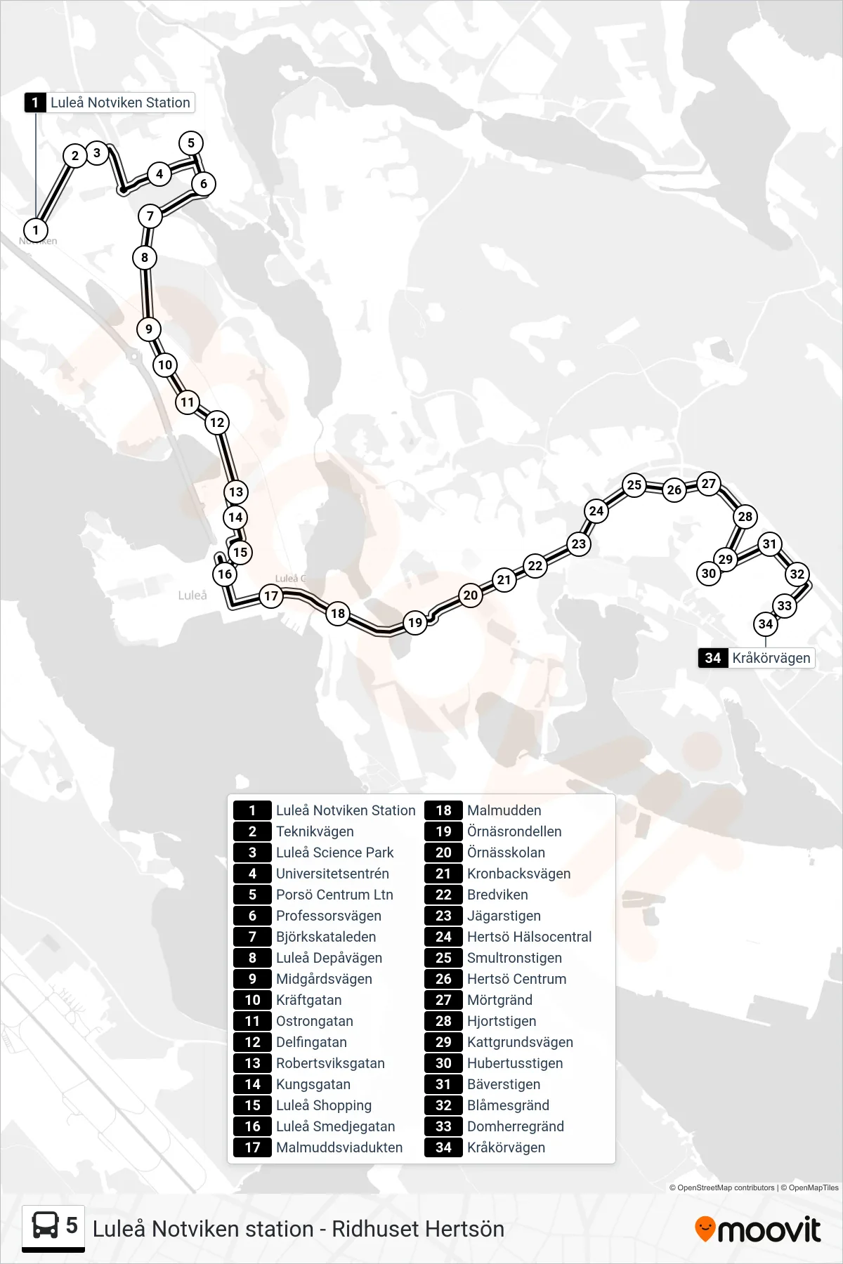 Rutt och hållplatser på karta för linje 5  spårvagn, (Kråkörvägen)