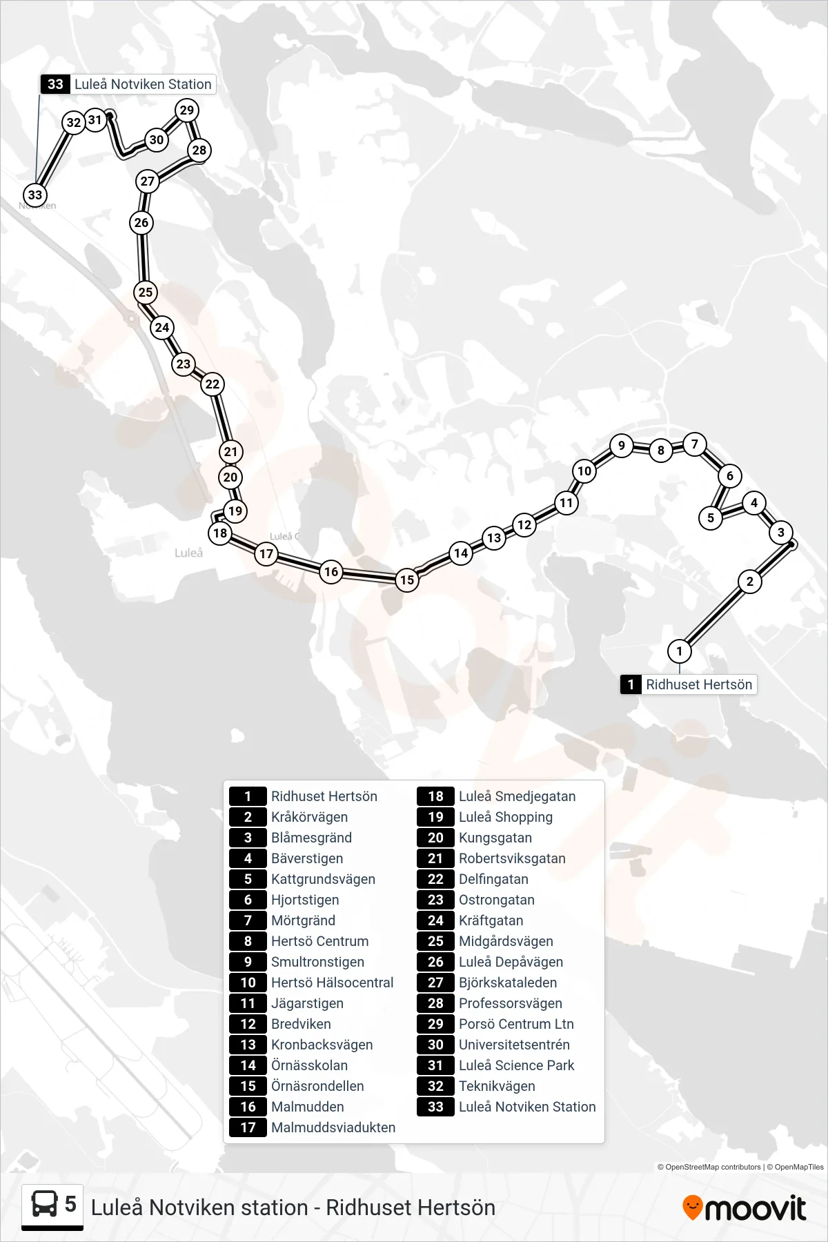 Rutt och hållplatser på karta för linje 5 spårvagn, (Luleå Notviken Station)