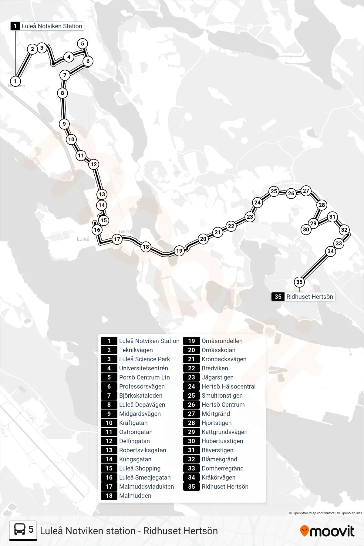 Rutt och hållplatser på karta för linje 5 spårvagn, (Ridhuset Hertsön)