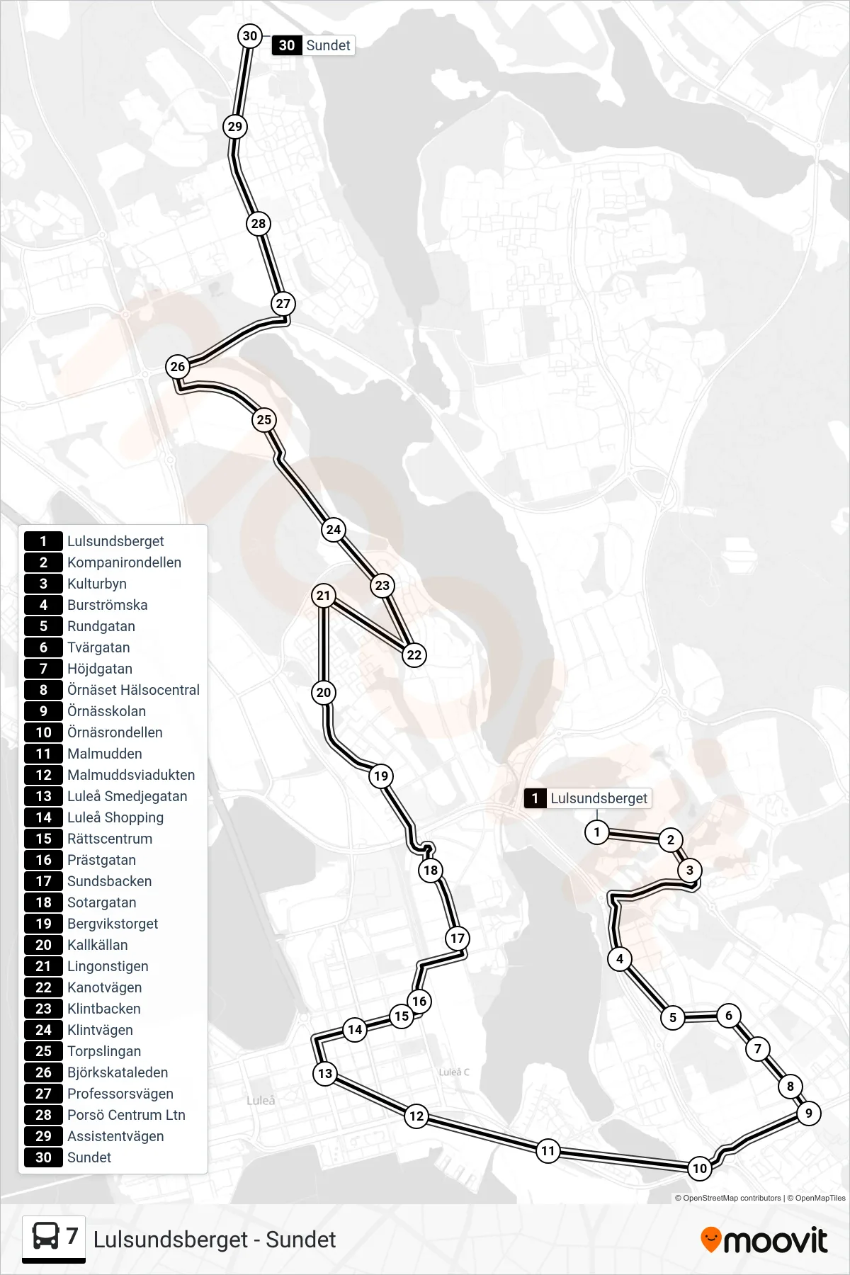 Rutt och hållplatser på karta för linje 7 spårvagn, (Sundet)