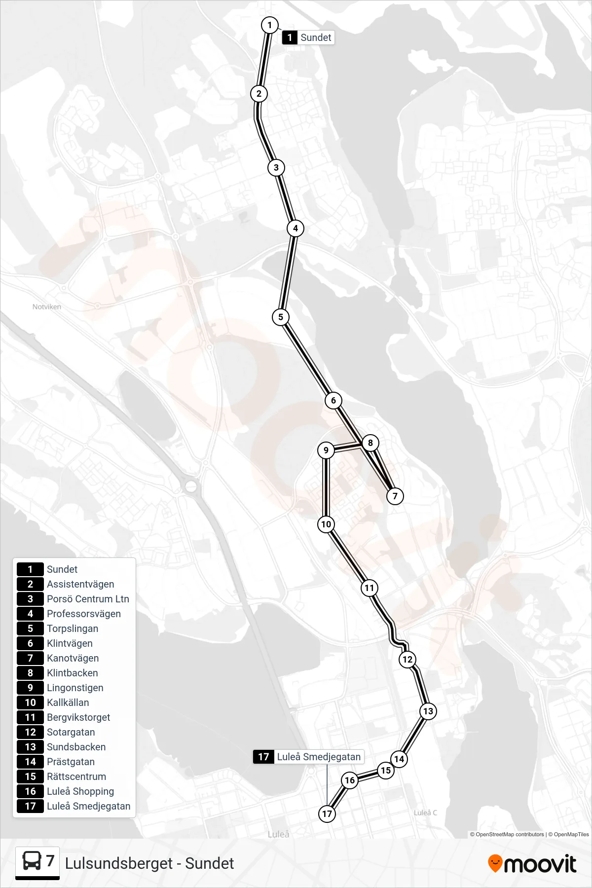 Rutt och hållplatser på karta för linje 7 spårvagn, (Luleå Smedjegatan)