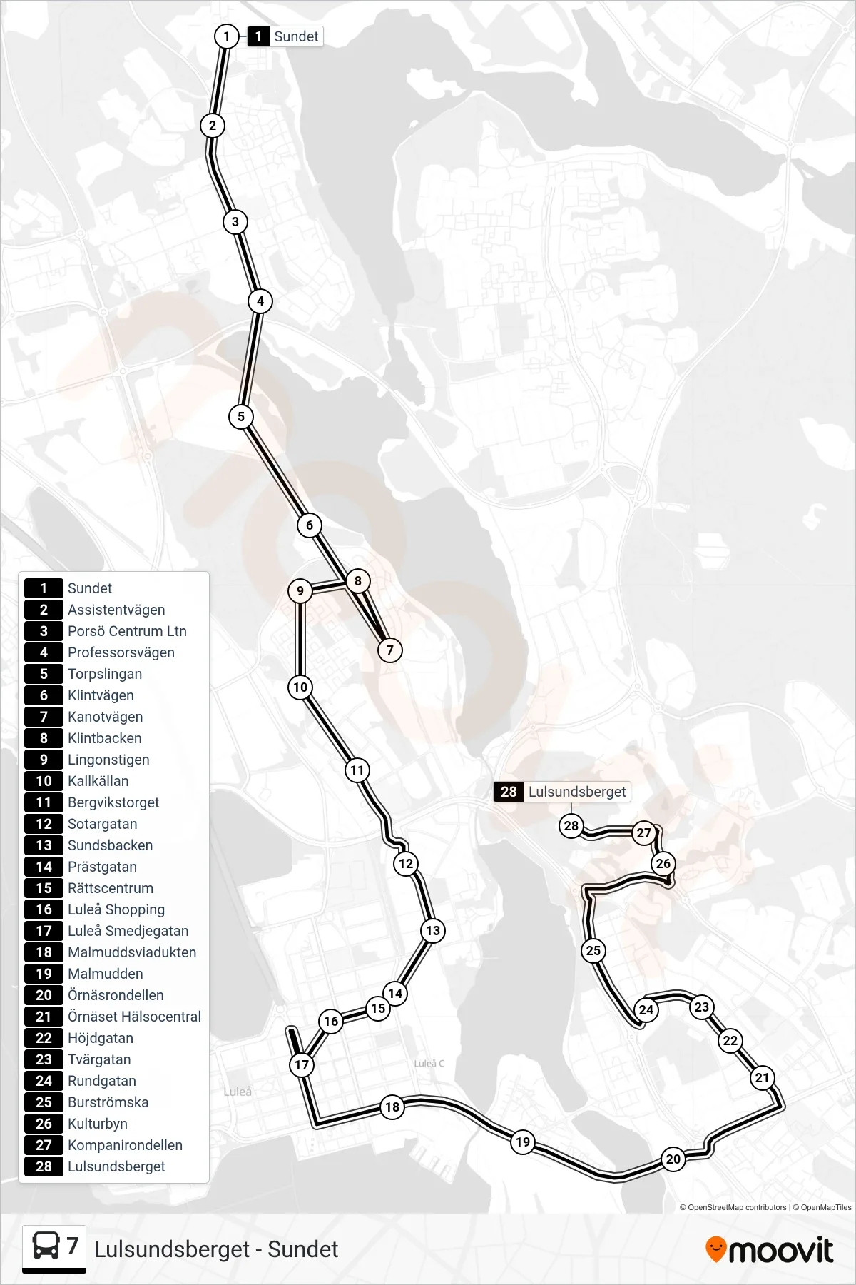 Rutt och hållplatser på karta för linje 7 spårvagn, (Lulsundsberget)