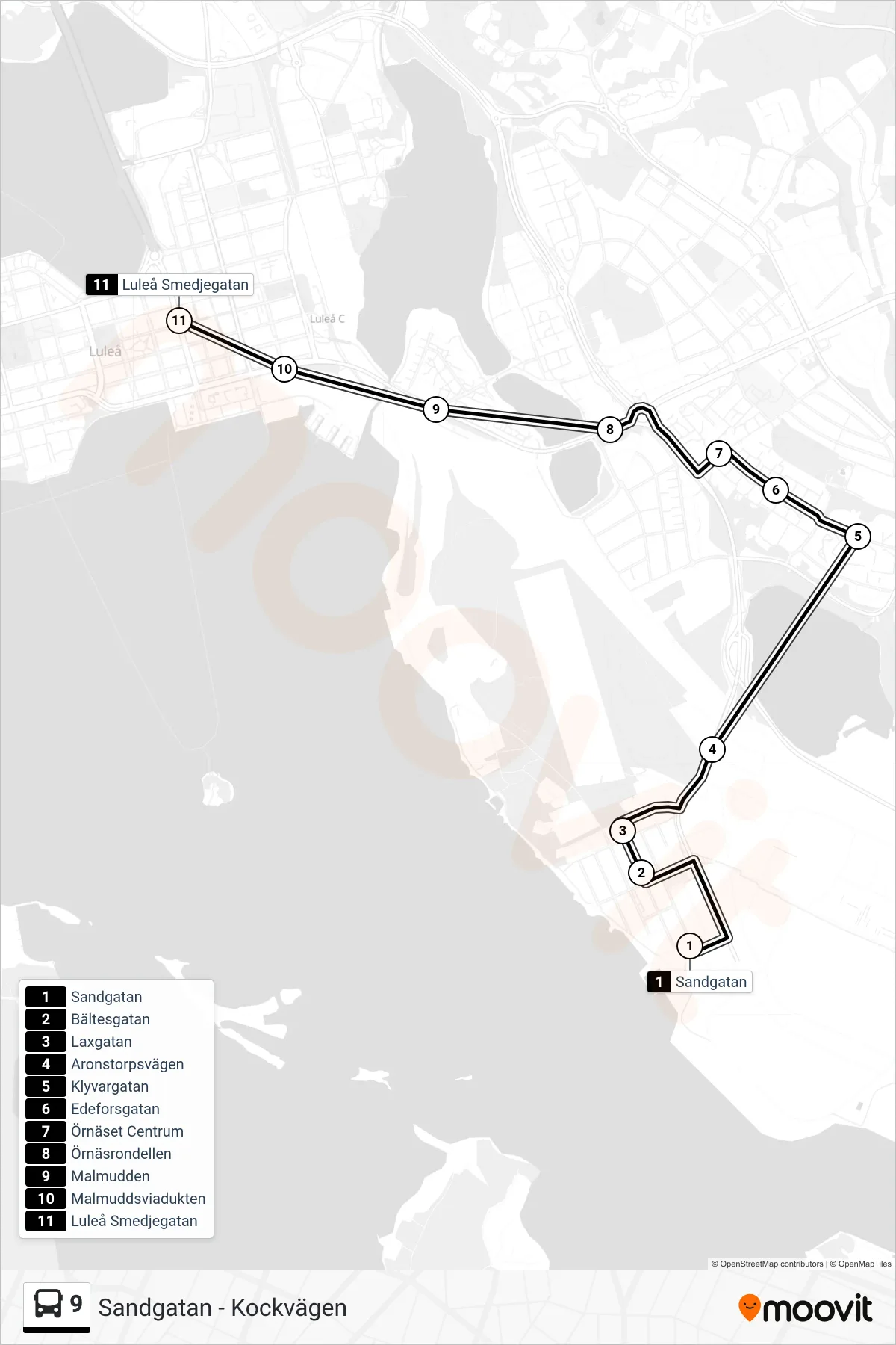 Rutt och hållplatser på karta för linje 9  spårvagn, (Luleå Smedjegatan)