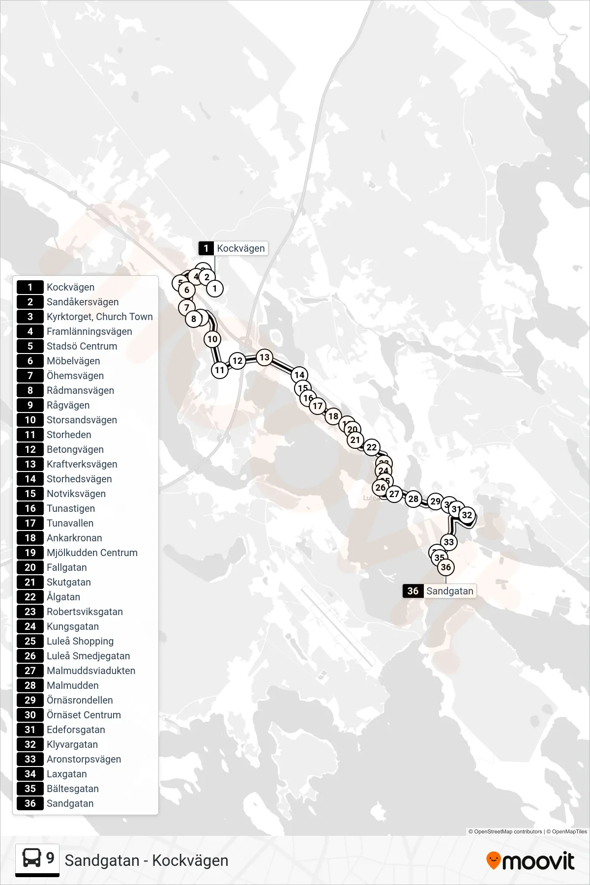Rutt och hållplatser på karta för linje 9  spårvagn, (Sandgatan)