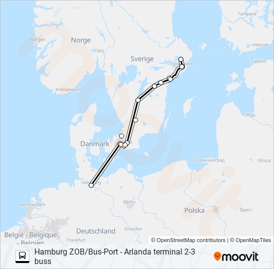 HAMBURG ZOB/BUS-PORT - ARLANDA TERMINAL 2-3 BUSS buss Linje karta