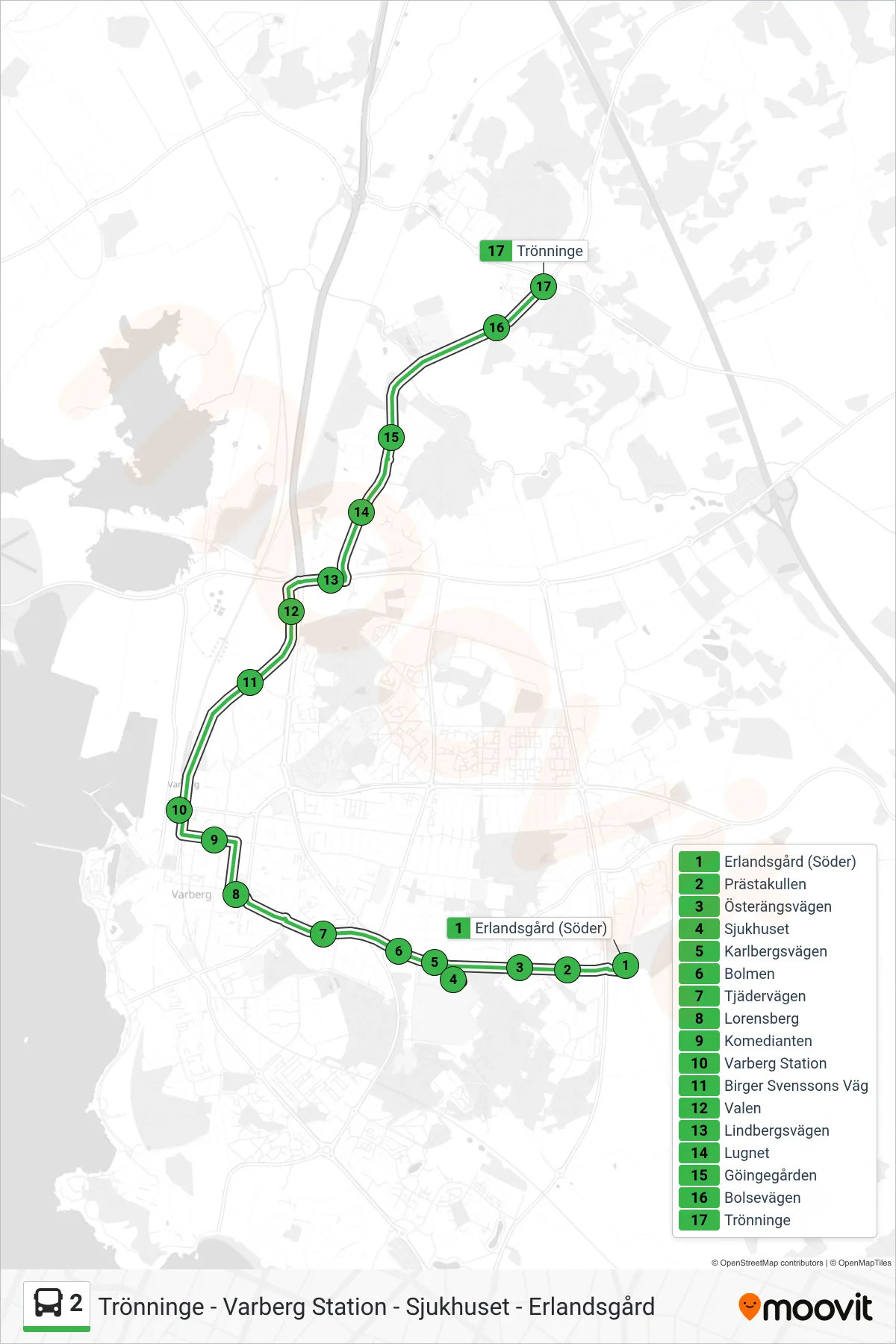 Rutt och hållplatser på karta för linje 2 spårvagn, (Trönninge/Via Centrum)