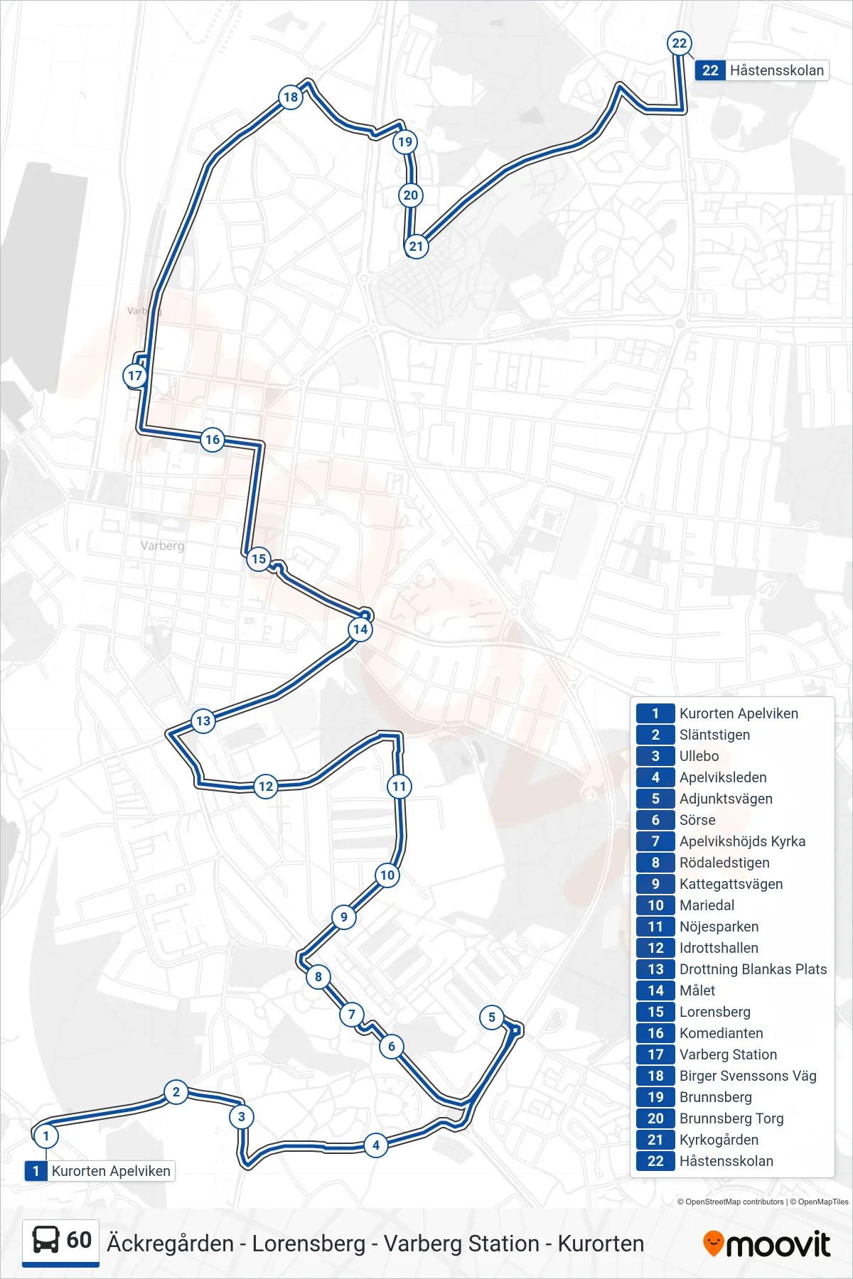 Rutt och hållplatser på karta för linje 60 spårvagn, (Äckregården/Brunnsberg/Sörse-Mariedal/Via Centrum)