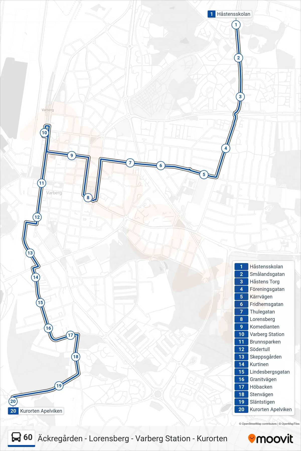 Rutt och hållplatser på karta för linje 60 spårvagn, (Kurorten Apelviken/Via Centrum)