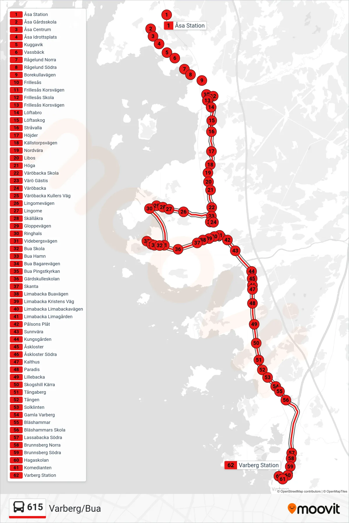 Rutt och hållplatser på karta för linje 615  spårvagn, (Varberg/Bua)
