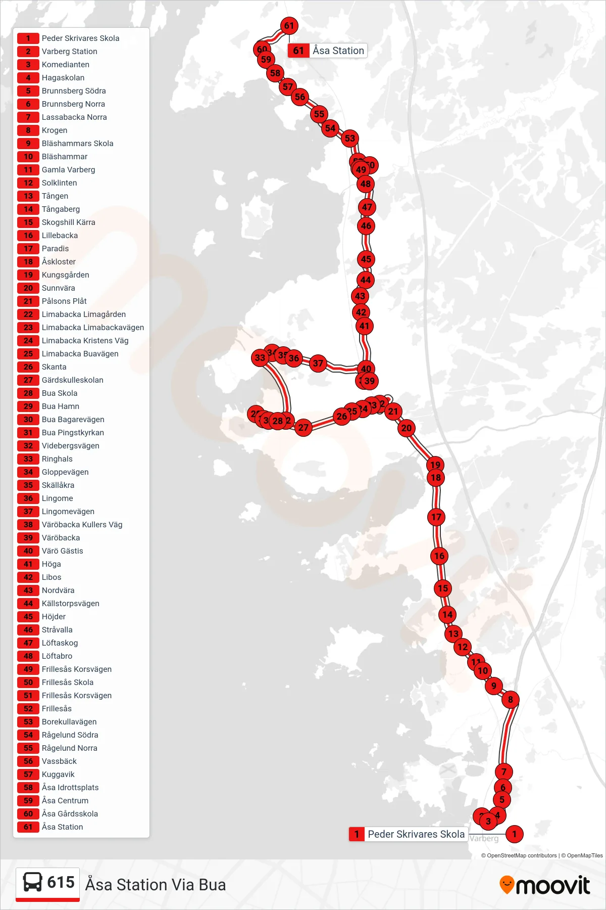 Rutt och hållplatser på karta för linje 615 spårvagn, (Åsa Station Via Bua)