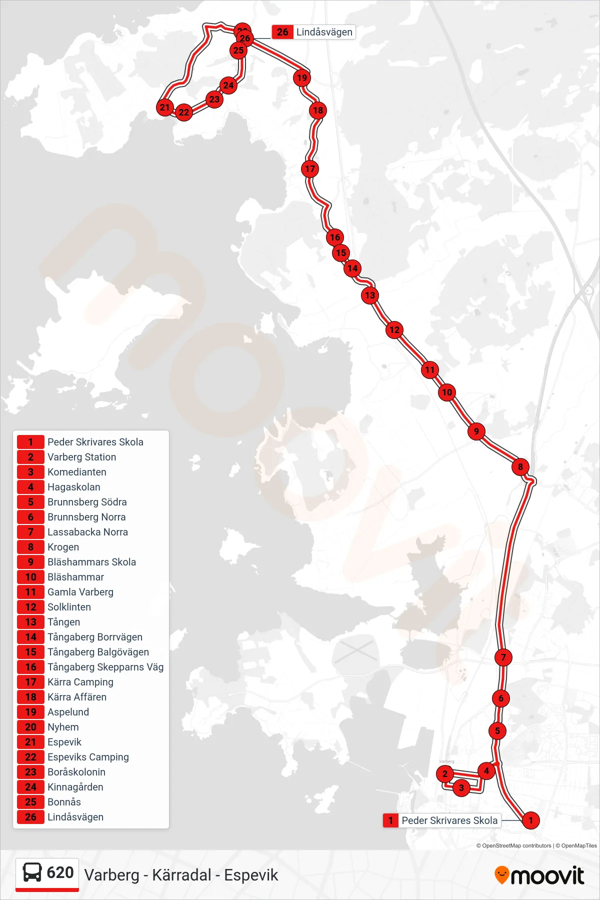 Rutt och hållplatser på karta för linje 620 spårvagn, (Espevik)