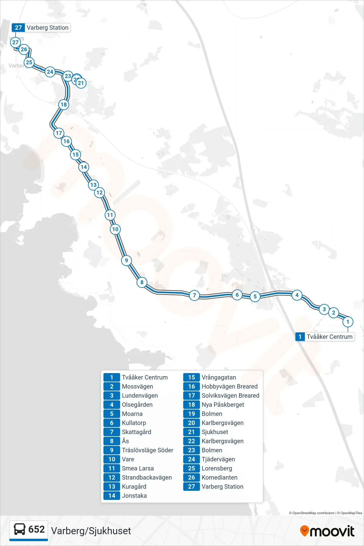 Rutt och hållplatser på karta för linje 652 spårvagn, (Varberg/Sjukhuset)