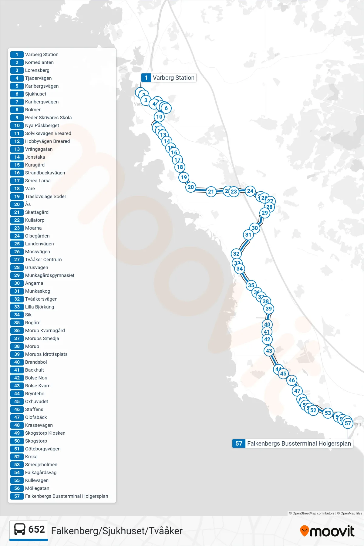 Rutt och hållplatser på karta för linje 652 spårvagn, (Falkenberg/Sjukhuset/Tvååker)