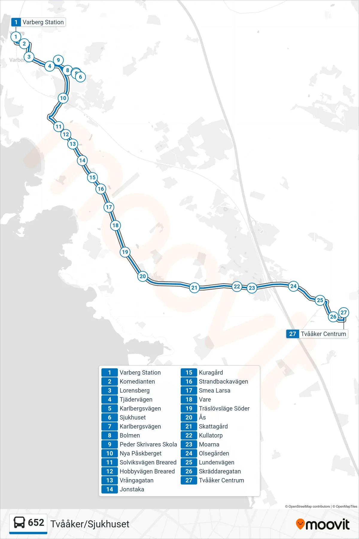 Rutt och hållplatser på karta för linje 652 spårvagn, (Tvååker/Sjukhuset)
