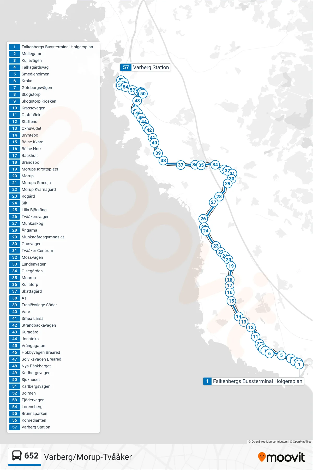 Rutt och hållplatser på karta för linje 652  spårvagn, (Varberg/Morup-Tvååker)
