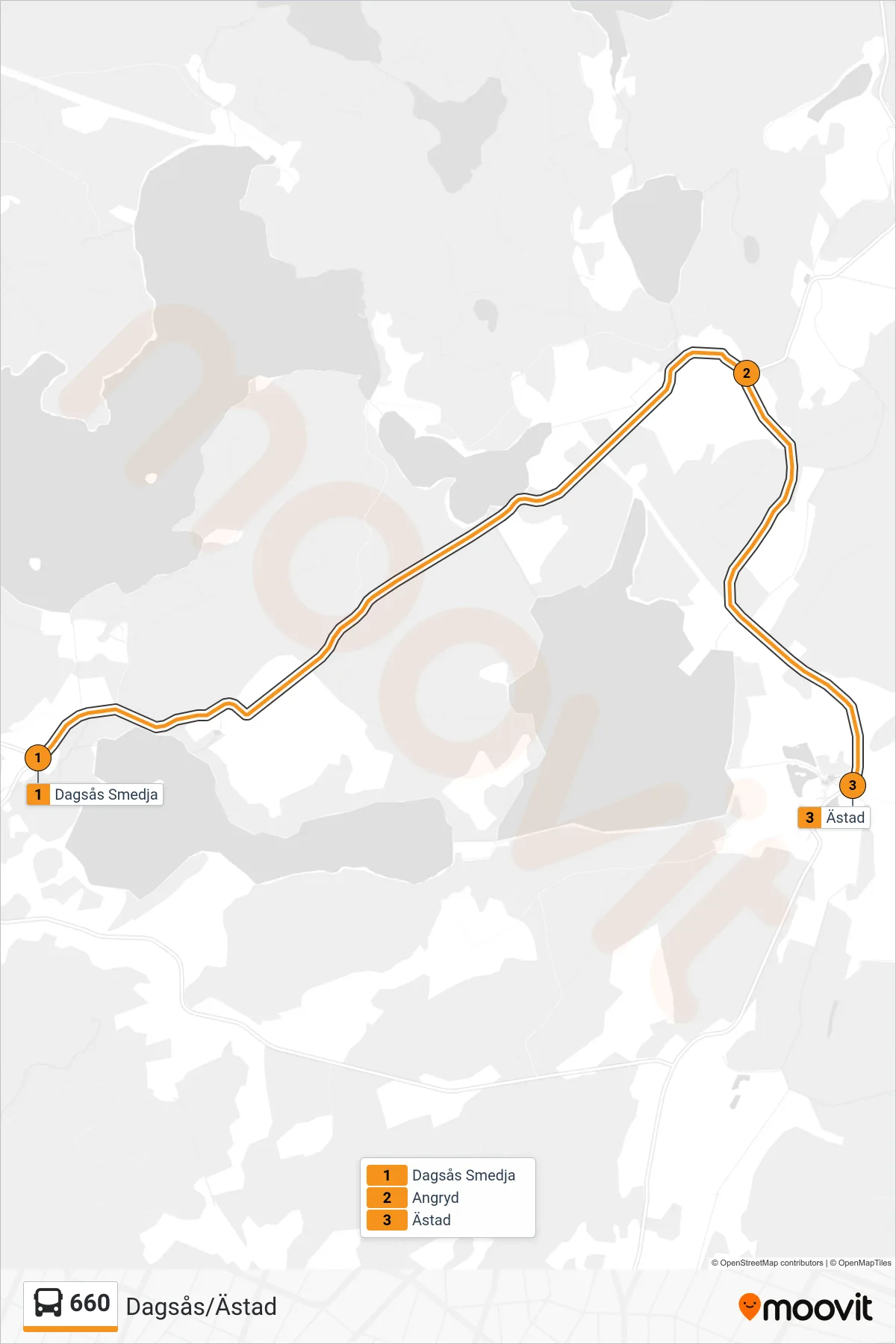 Rutt och hållplatser på karta för linje 660 spårvagn, (Dagsås/Ästad)