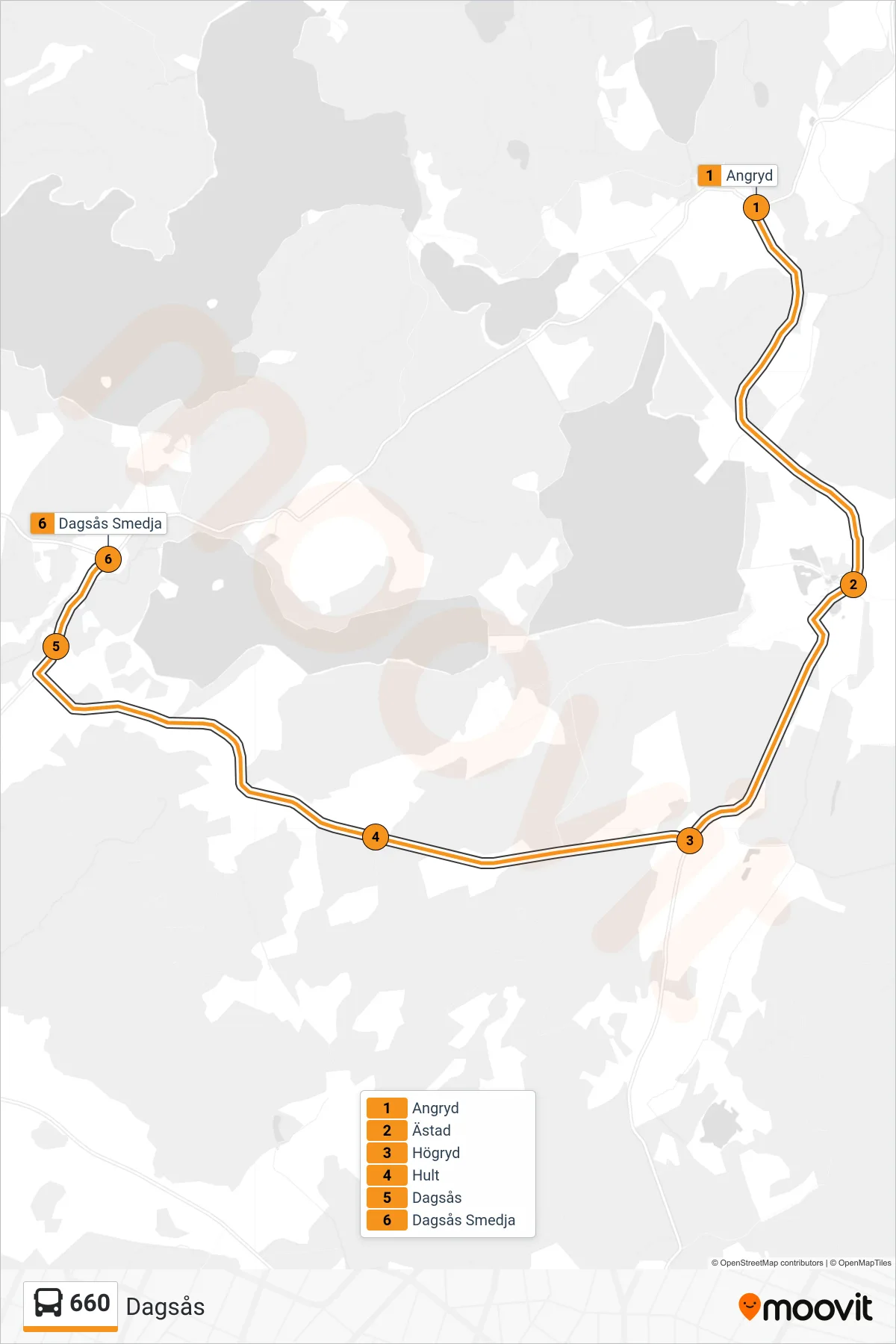 Rutt och hållplatser på karta för linje 660 spårvagn, (Dagsås)