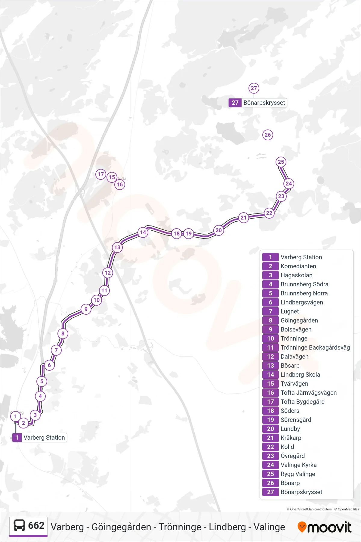 Rutt och hållplatser på karta för linje 662  spårvagn, (Valinge)