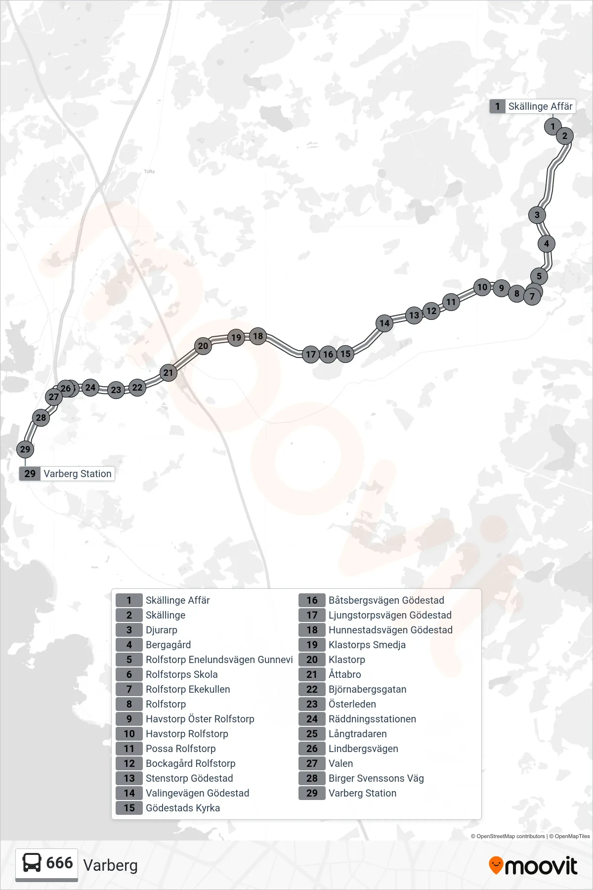 Rutt och hållplatser på karta för linje 666 spårvagn, (Varberg)