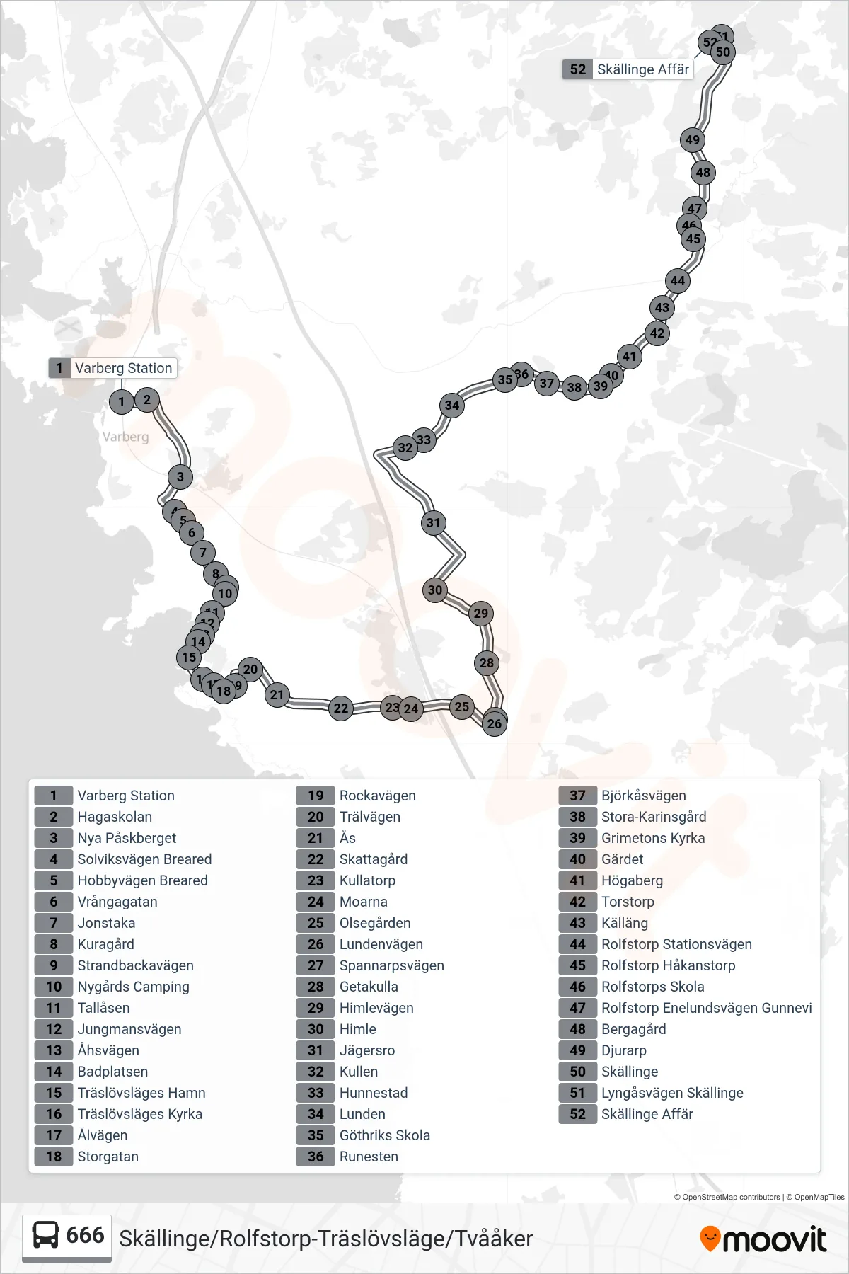 Rutt och hållplatser på karta för linje 666 spårvagn, (Skällinge/Rolfstorp-Träslövsläge/Tvååker)