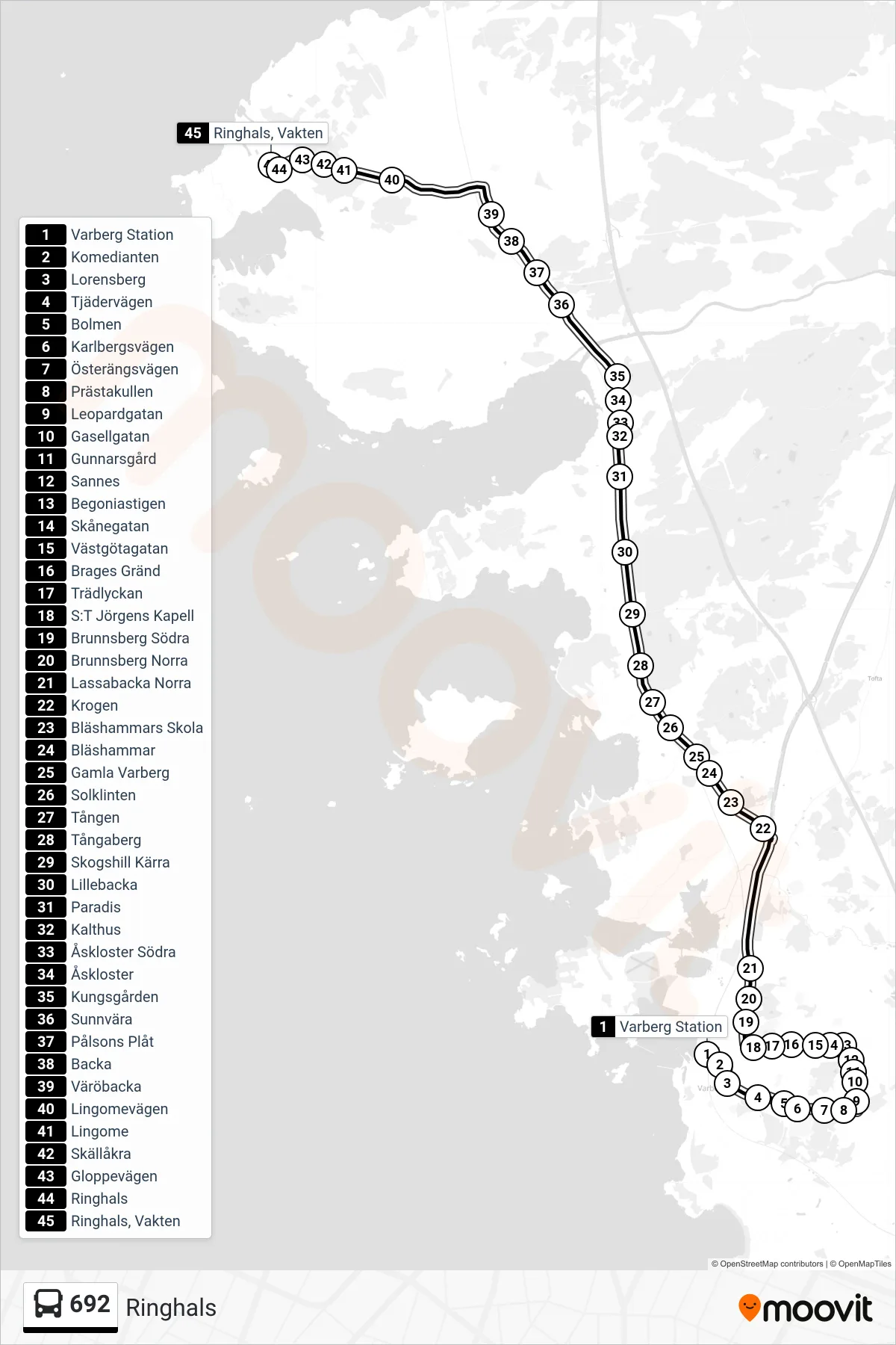 Rutt och hållplatser på karta för linje 692 spårvagn, (Ringhals)