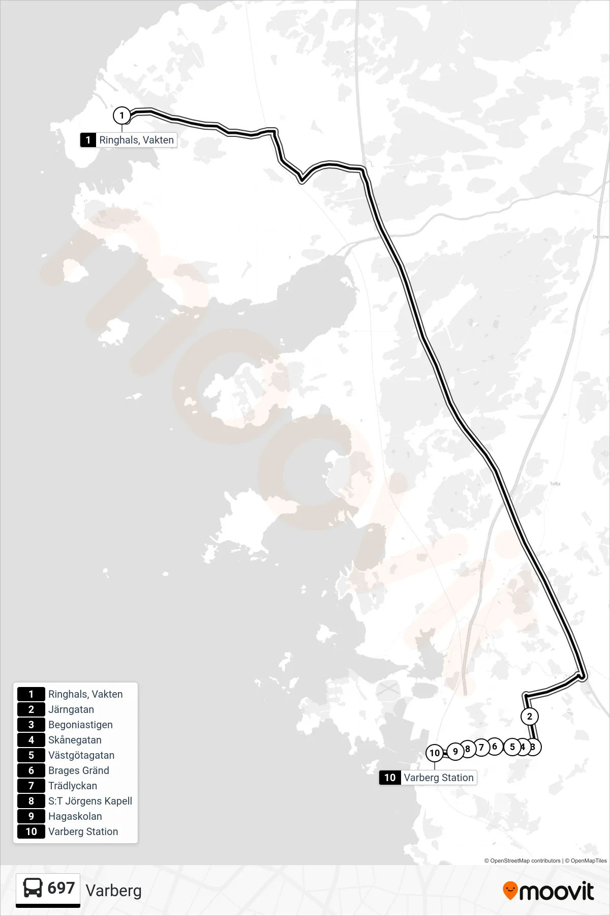 Rutt och hållplatser på karta för linje 697 spårvagn, (Varberg)