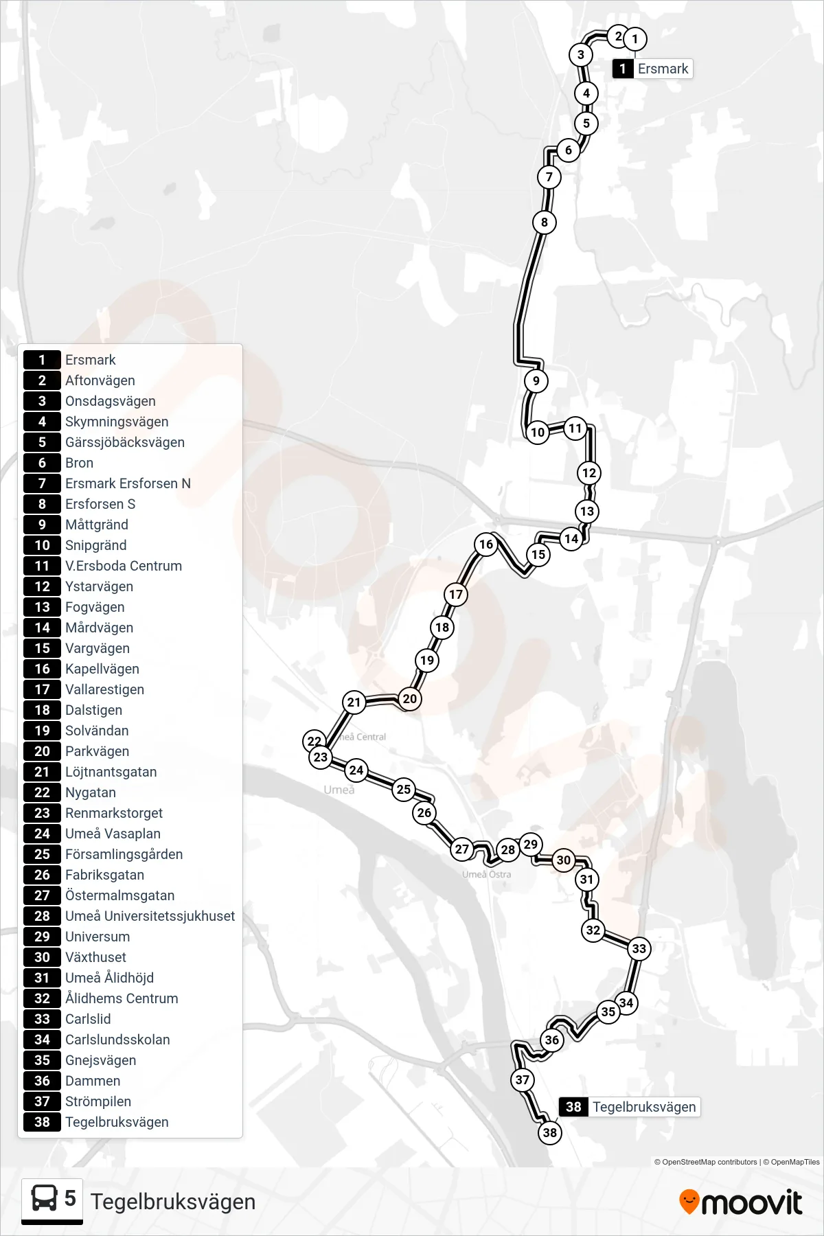 Rutt och hållplatser på karta för linje 5  buss, (Tegelbruksvägen)