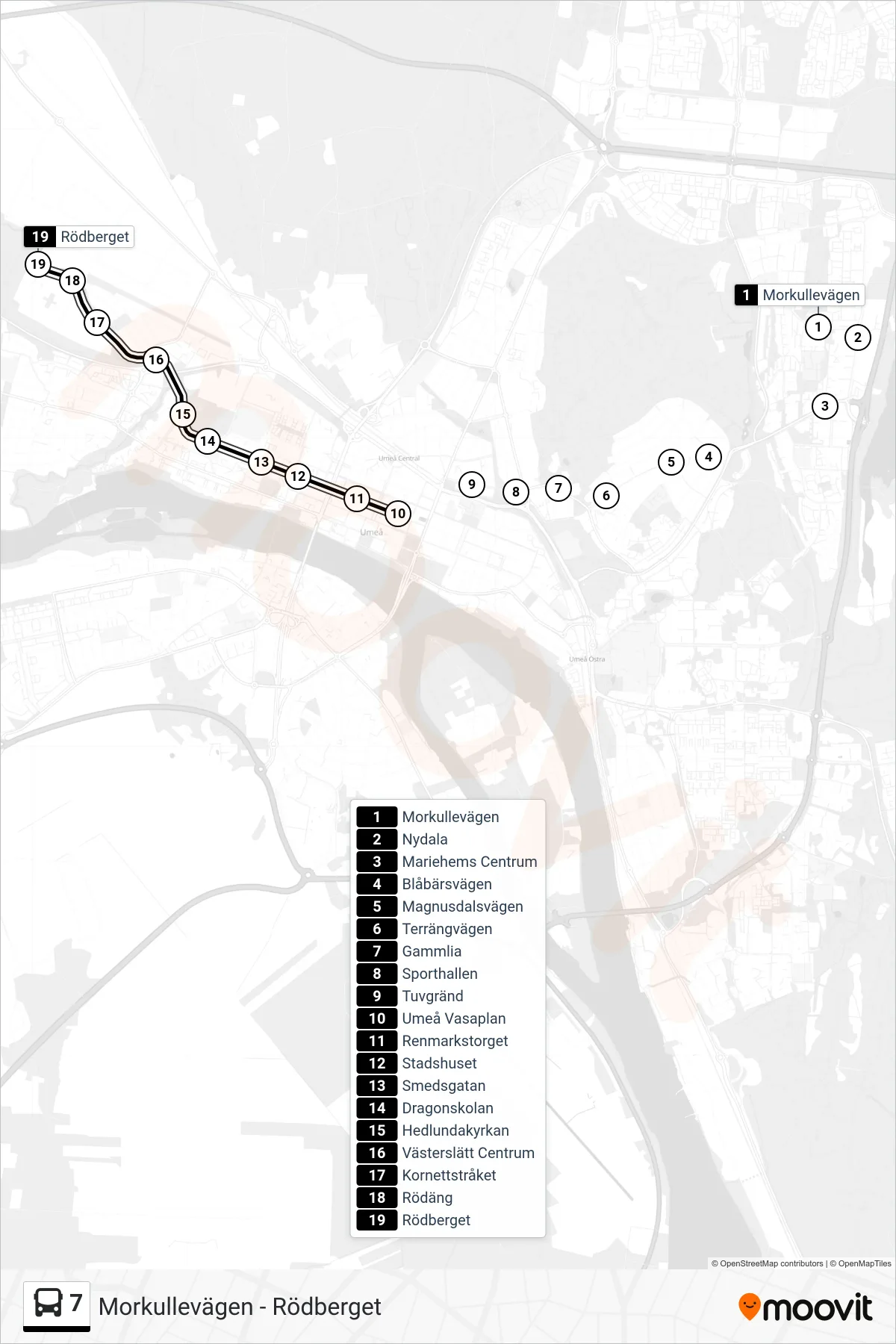 Rutt och hållplatser på karta för linje 7 buss, (Rödberget)