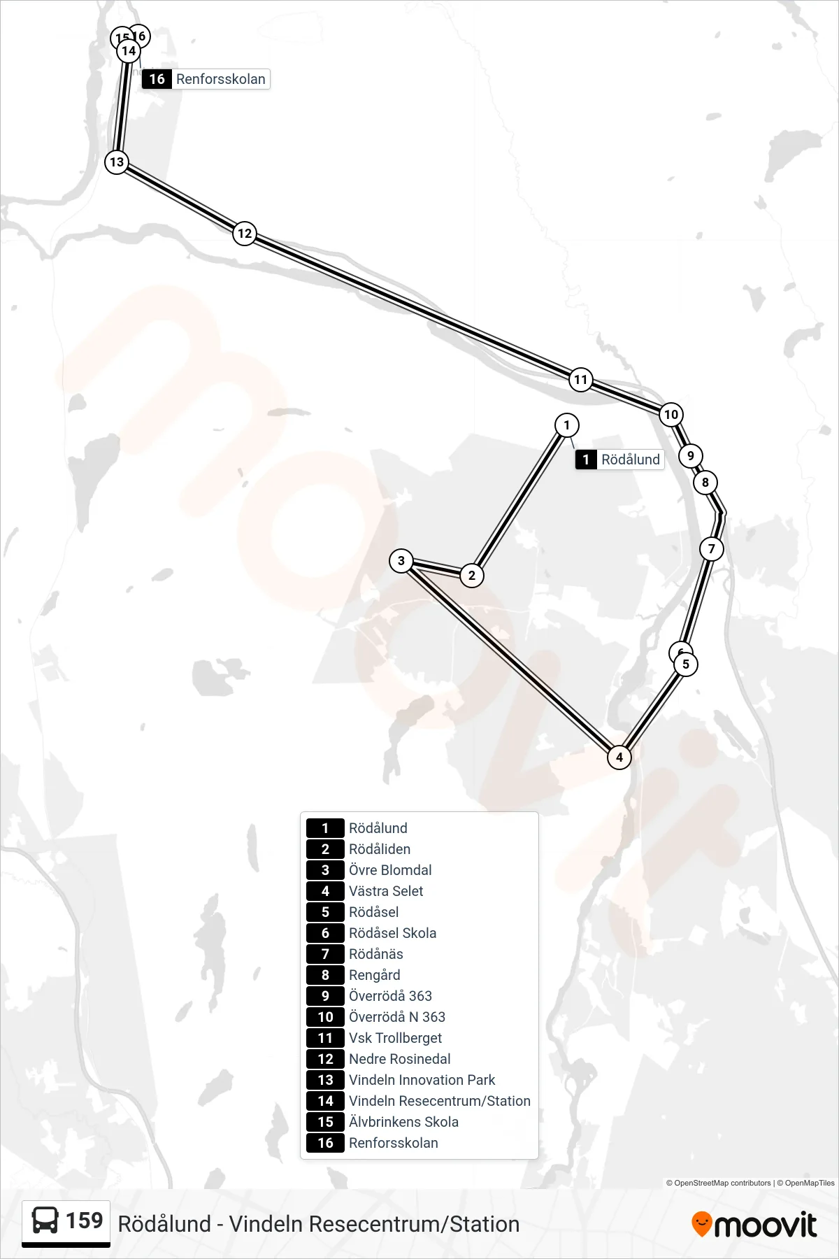 Rutt och hållplatser på karta för linje 159 buss, (Renforsskolan)
