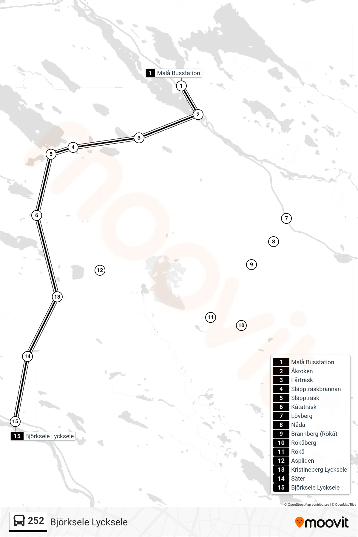 Rutt och hållplatser på karta för linje 252 buss, (Björksele Lycksele)