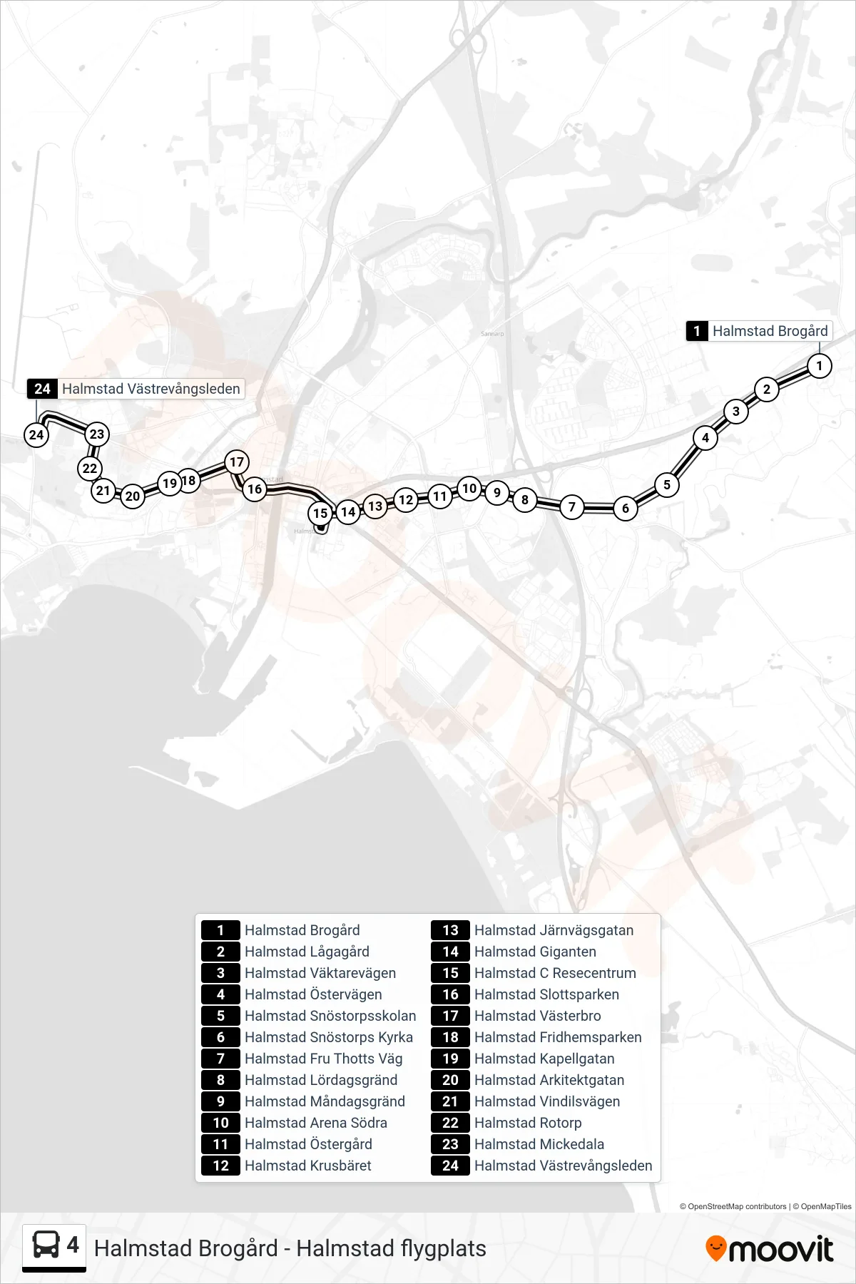 Rutt och hållplatser på karta för linje 4 buss, (Halmstad Västrevångsleden)