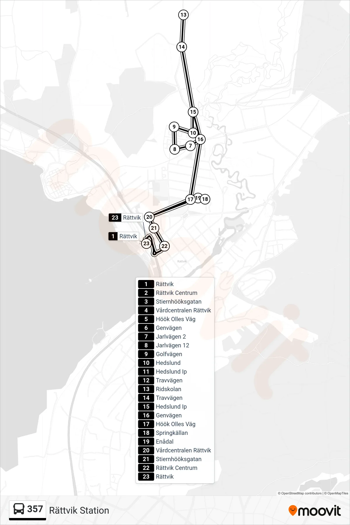 Rutt och hållplatser på karta för linje 357 buss, (Rättvik Station)
