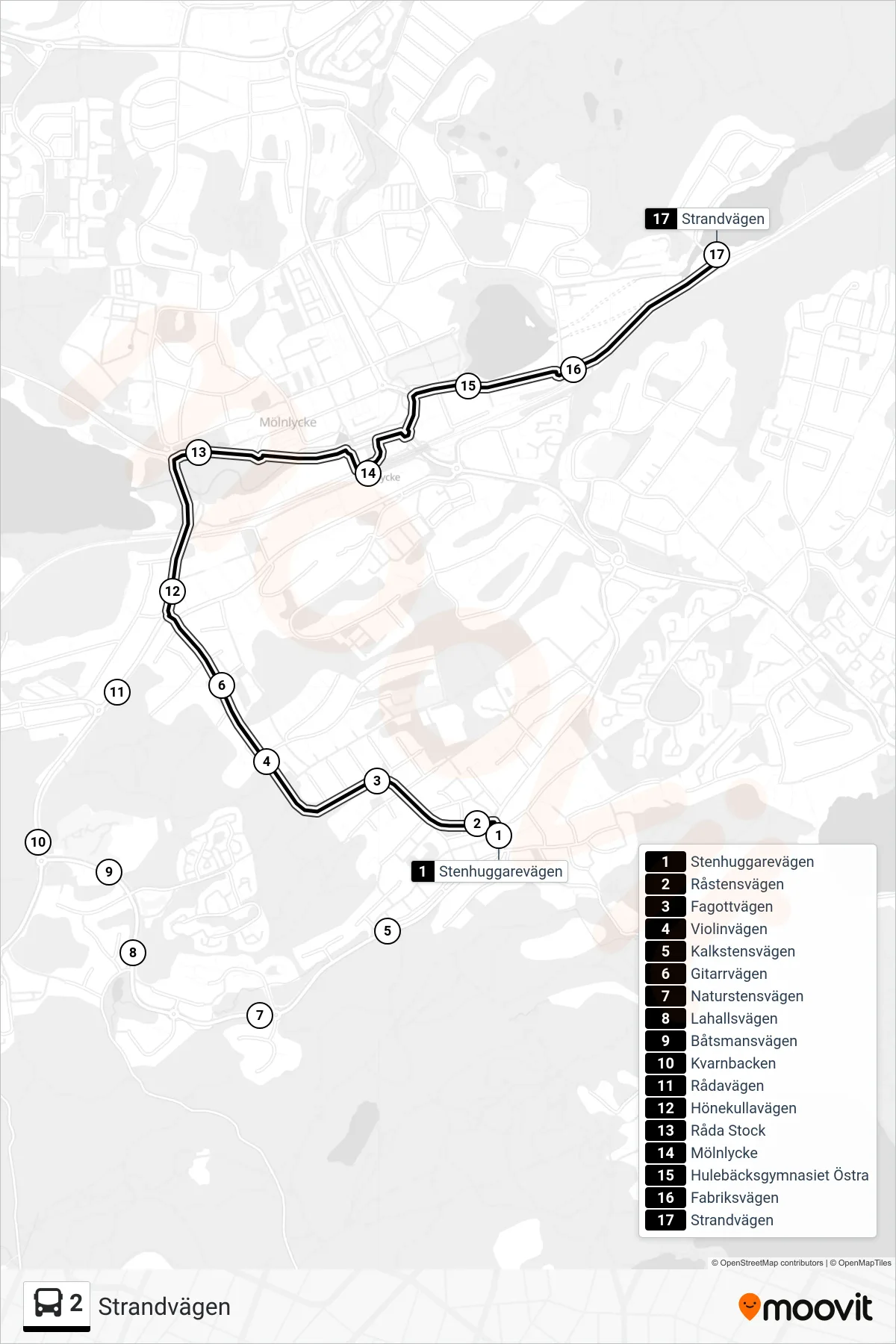 Rutt och hållplatser på karta för linje 2  buss, (Strandvägen)