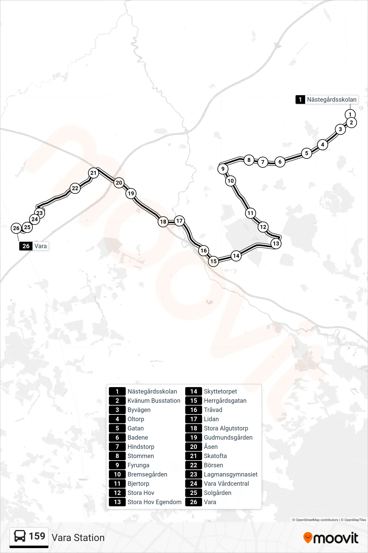 Rutt och hållplatser på karta för linje 159  buss, (Vara Station)