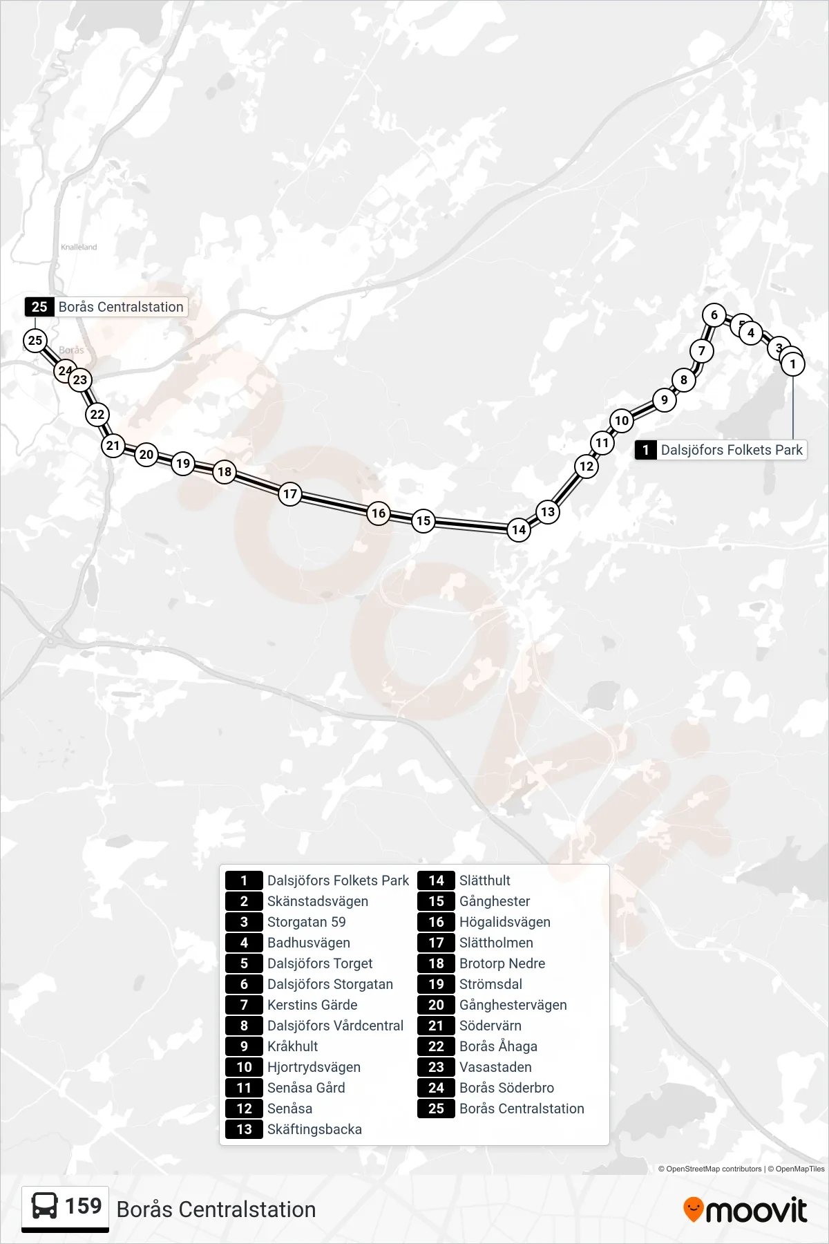Rutt och hållplatser på karta för linje 159 buss, (Borås Centralstation)