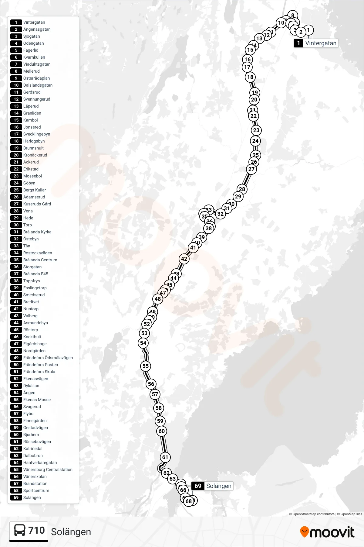 Rutt och hållplatser på karta för linje 710 buss, (Solängen)