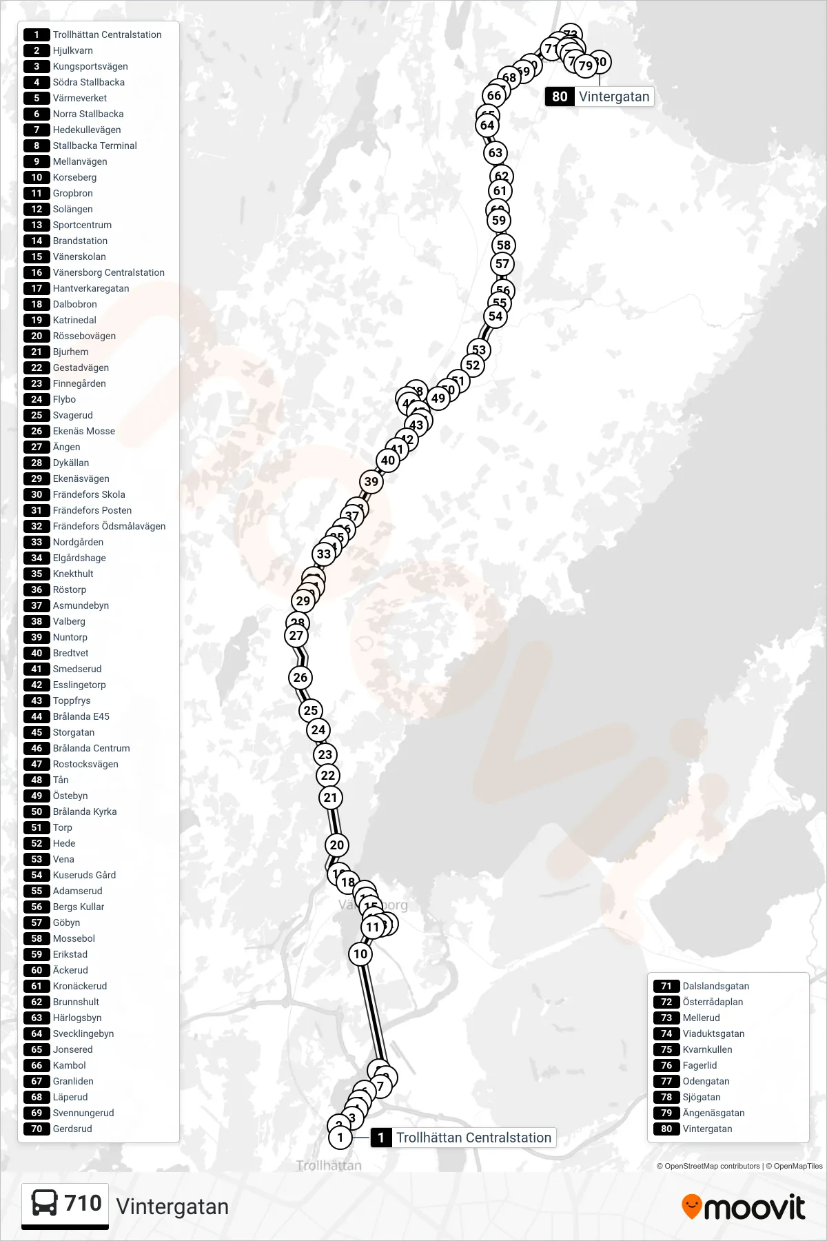 Rutt och hållplatser på karta för linje 710 buss, (Vintergatan)