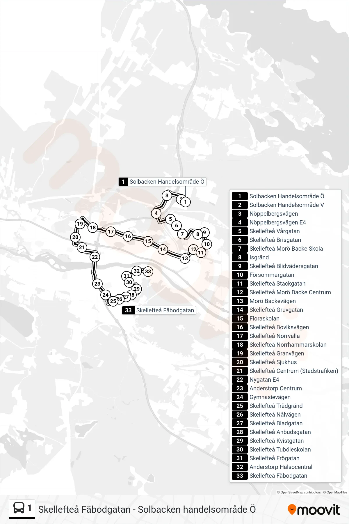 Rutt och hållplatser på karta för linje 1 spårvagn, (Skellefteå Fäbodgatan)