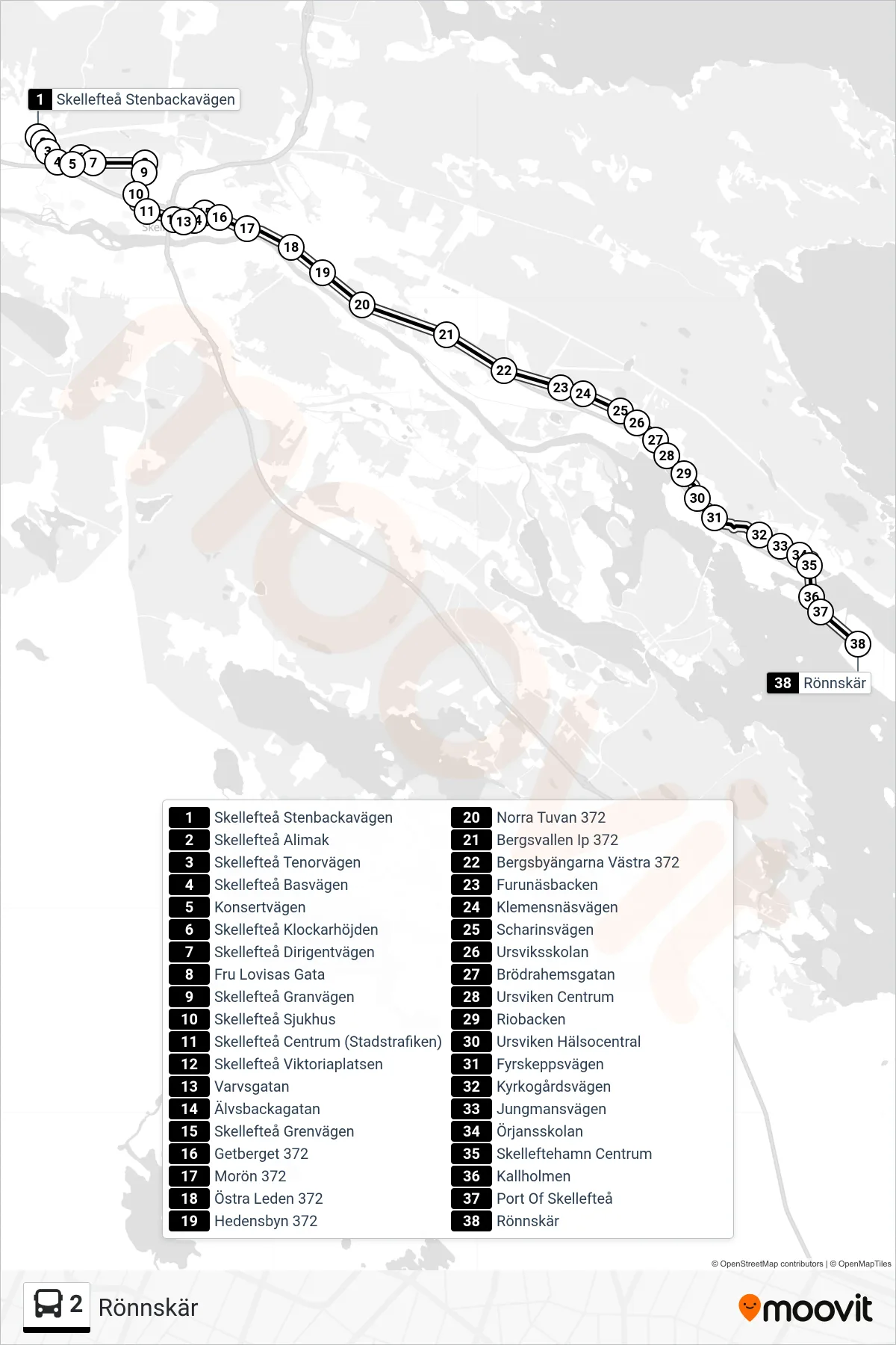Rutt och hållplatser på karta för linje 2 spårvagn, (Rönnskär)