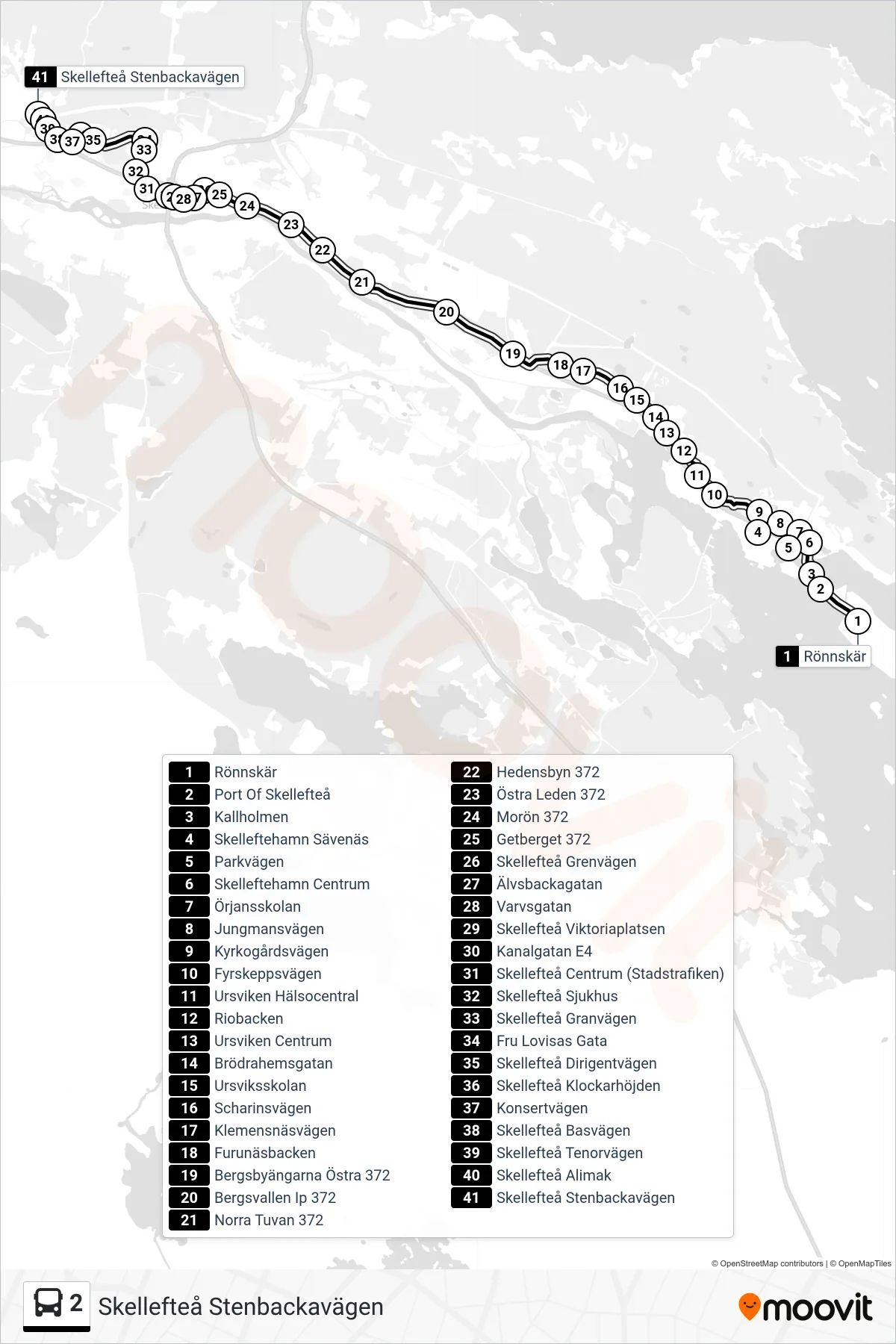 Rutt och hållplatser på karta för linje 2  spårvagn, (Skellefteå Stenbackavägen)