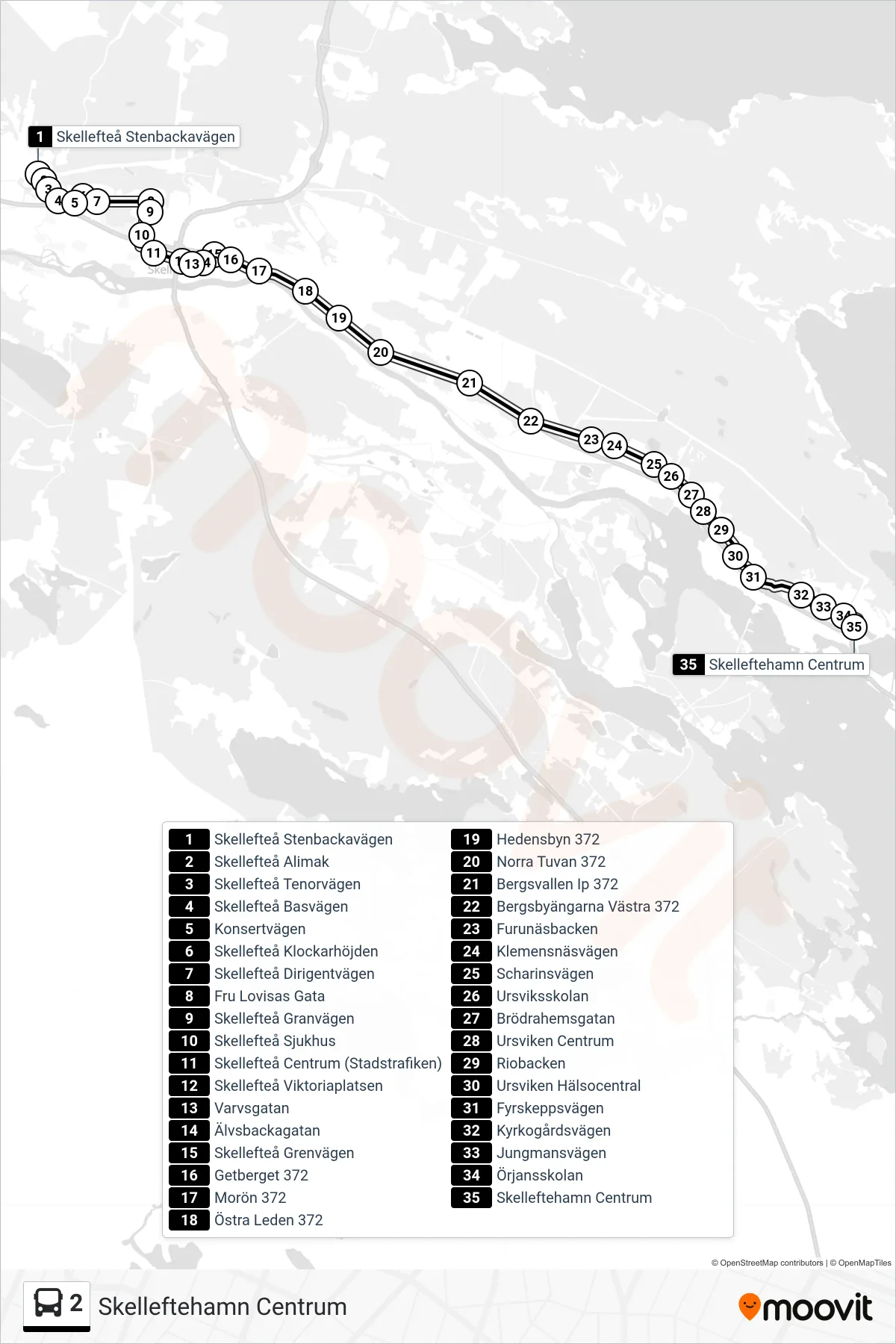 Rutt och hållplatser på karta för linje 2 spårvagn, (Skelleftehamn Centrum)