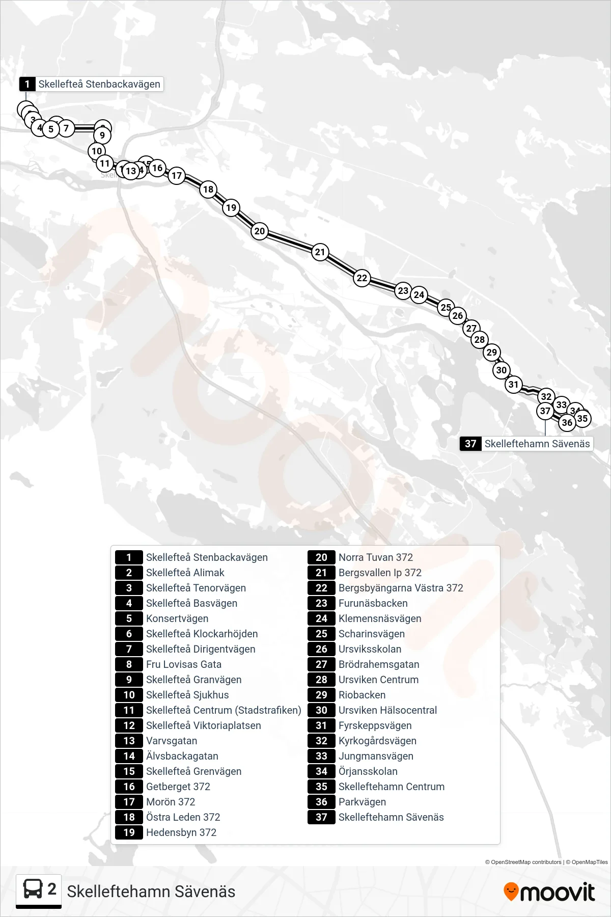 Rutt och hållplatser på karta för linje 2 spårvagn, (Skelleftehamn Sävenäs)