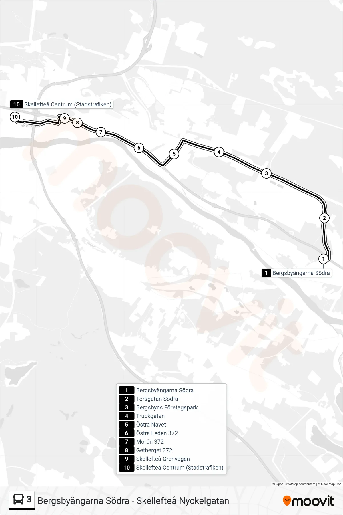 Rutt och hållplatser på karta för linje 3  spårvagn, (Skellefteå Centrum (Stadstrafiken))