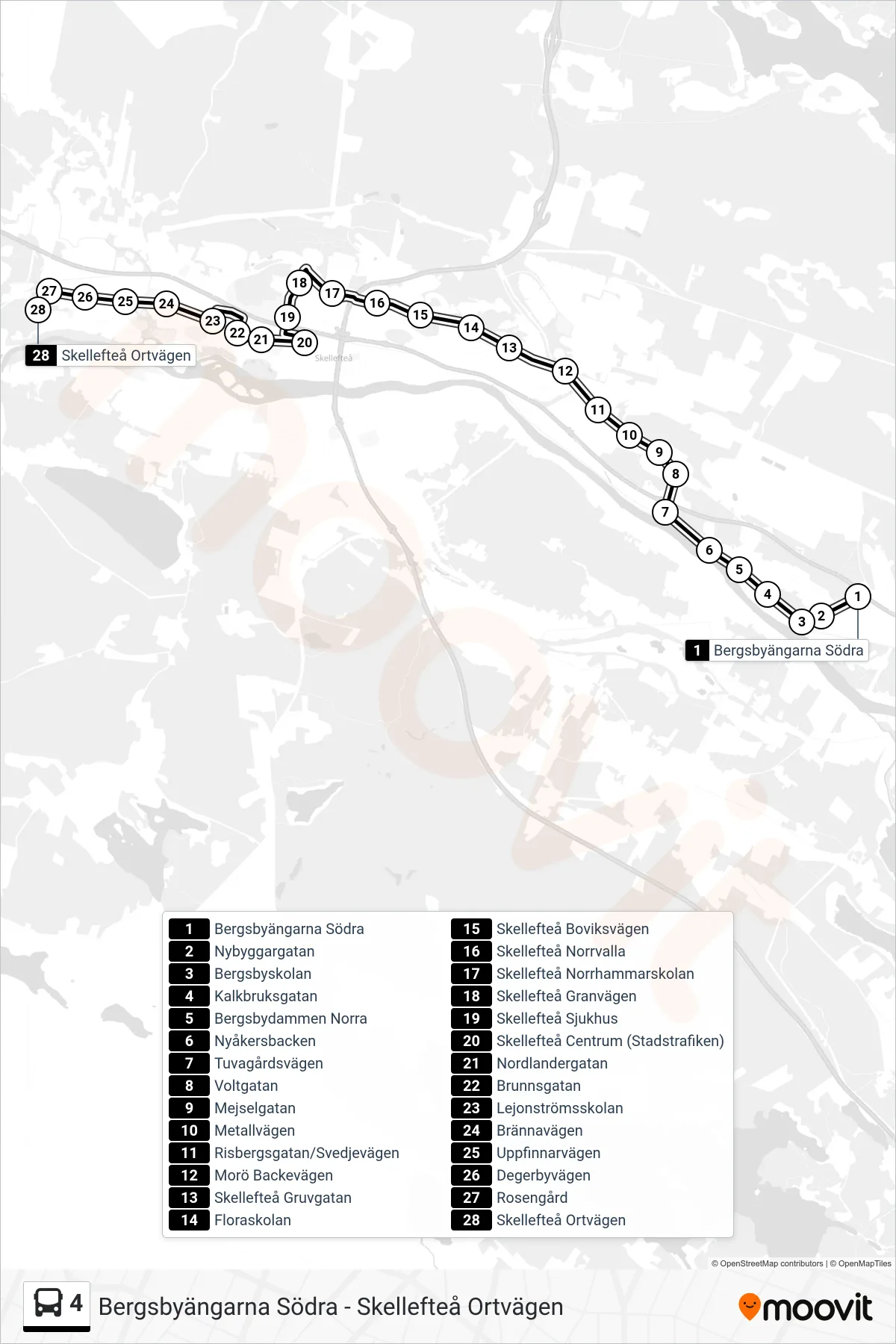 Rutt och hållplatser på karta för linje 4 spårvagn, (Skellefteå Ortvägen)