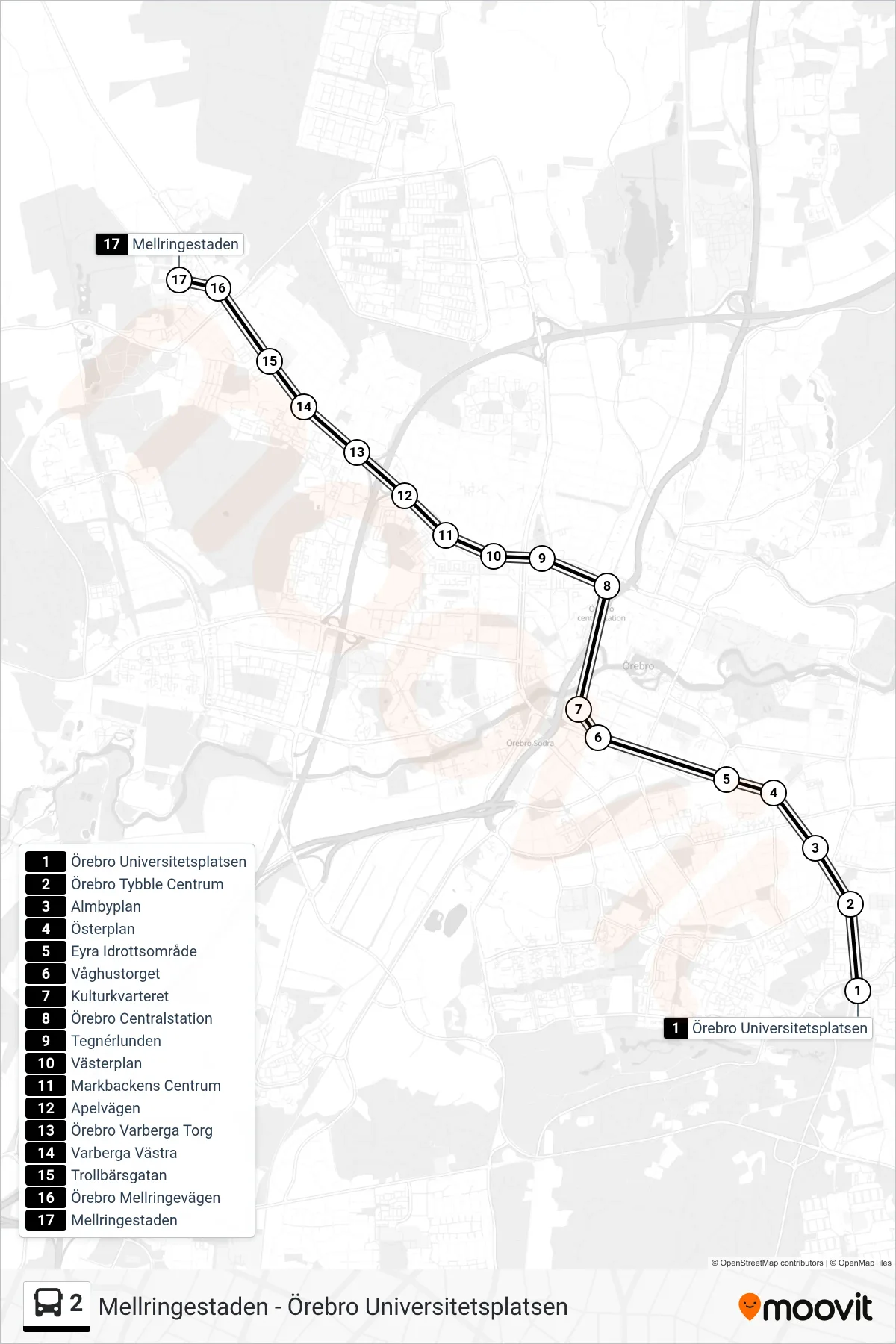 Rutt och hållplatser på karta för linje 2 buss, (Mellringestaden)