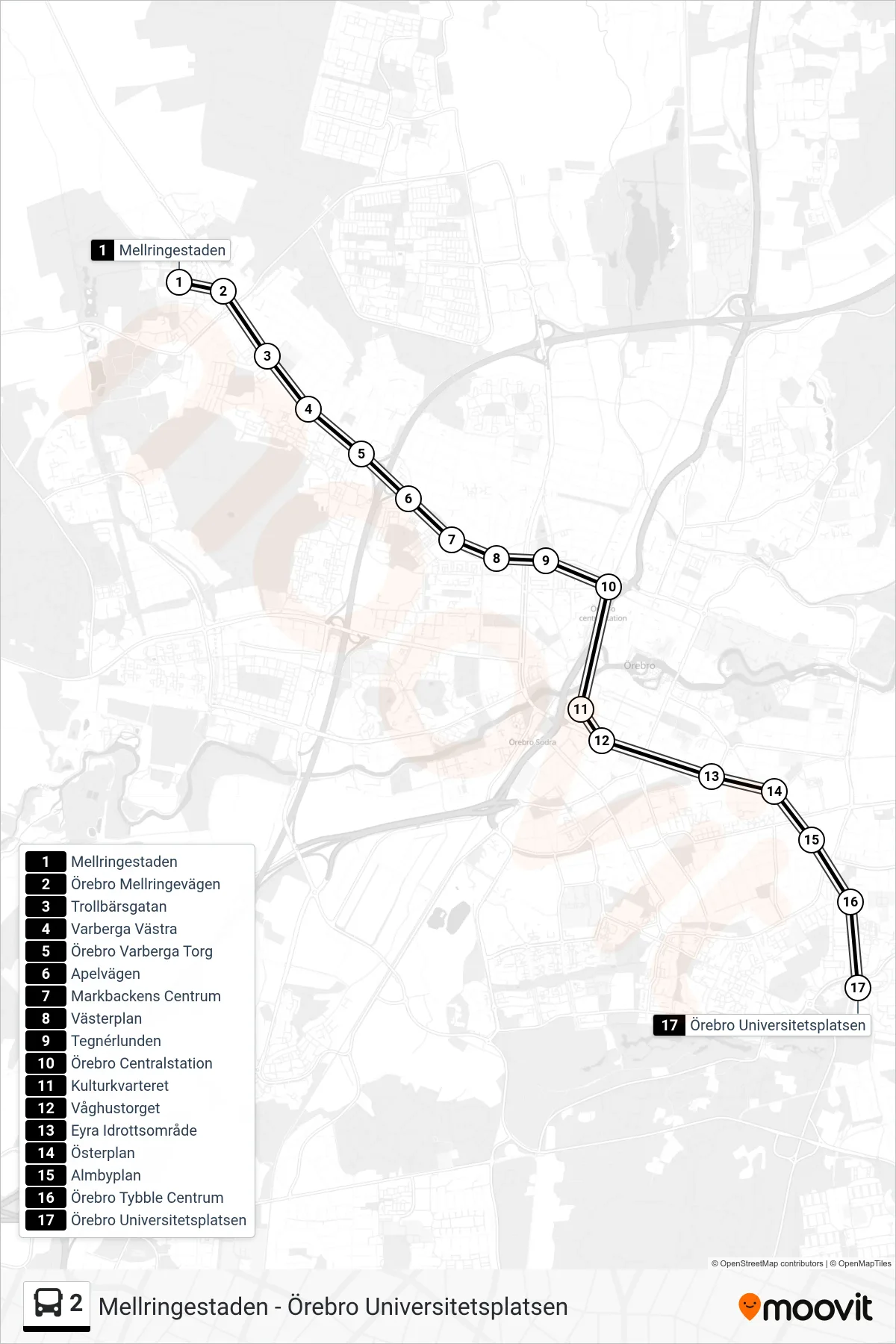 Rutt och hållplatser på karta för linje 2  buss, (Örebro Universitetsplatsen)