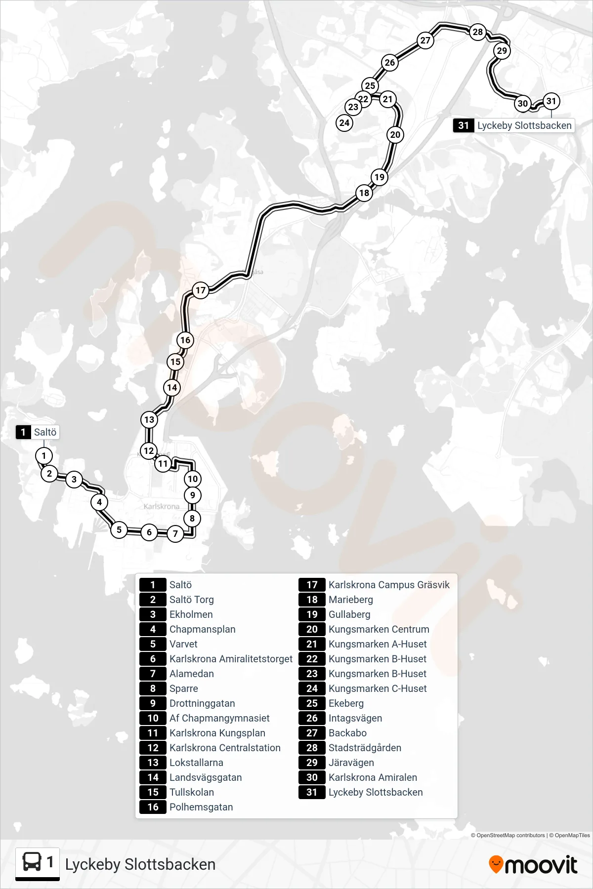 Rutt och hållplatser på karta för linje 1  spårvagn, (Lyckeby Slottsbacken)