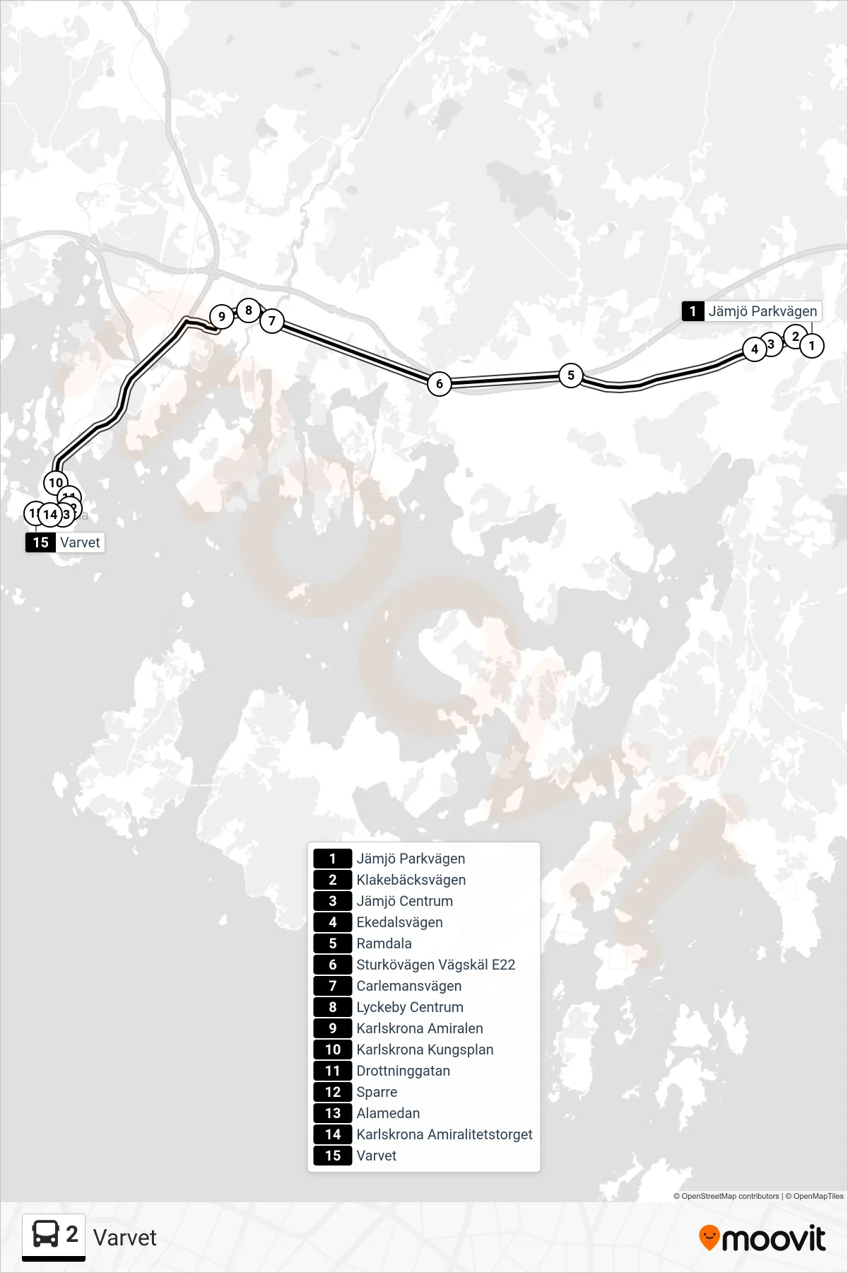Rutt och hållplatser på karta för linje 2 spårvagn, (Varvet)
