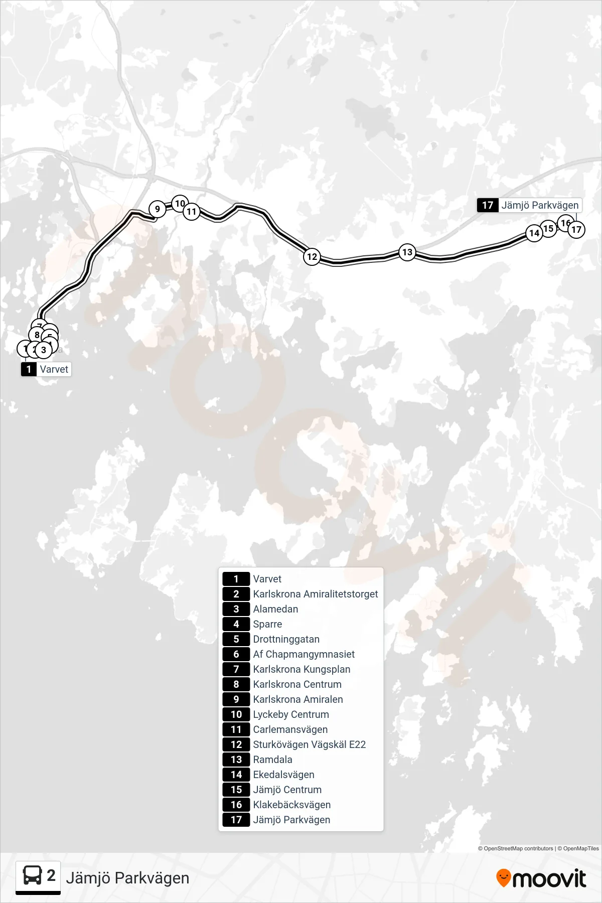Rutt och hållplatser på karta för linje 2 spårvagn, (Jämjö Parkvägen)