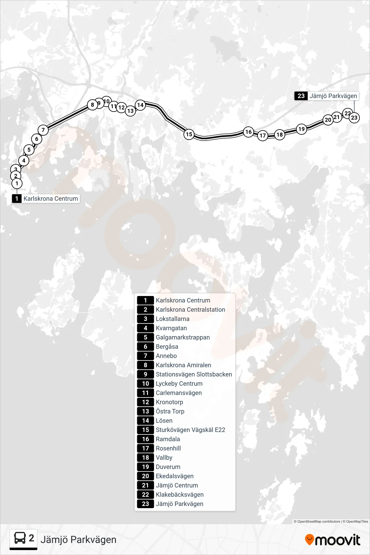 Rutt och hållplatser på karta för linje 2 spårvagn, (Jämjö Parkvägen)